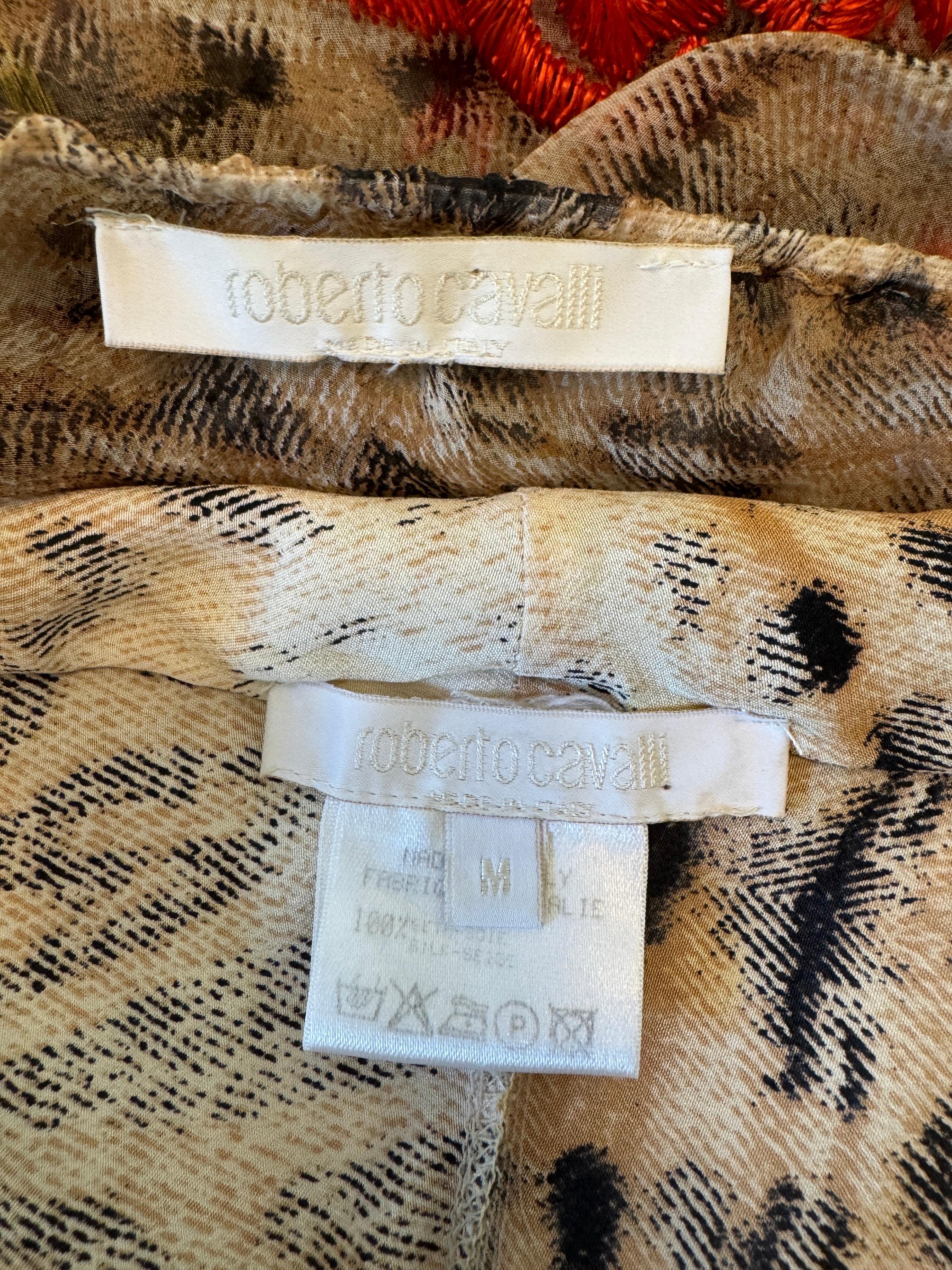 Vintage S/S 2002 Roberto Cavalli Leopard Floral Embroidery Silk Top + Skirt Set 15
