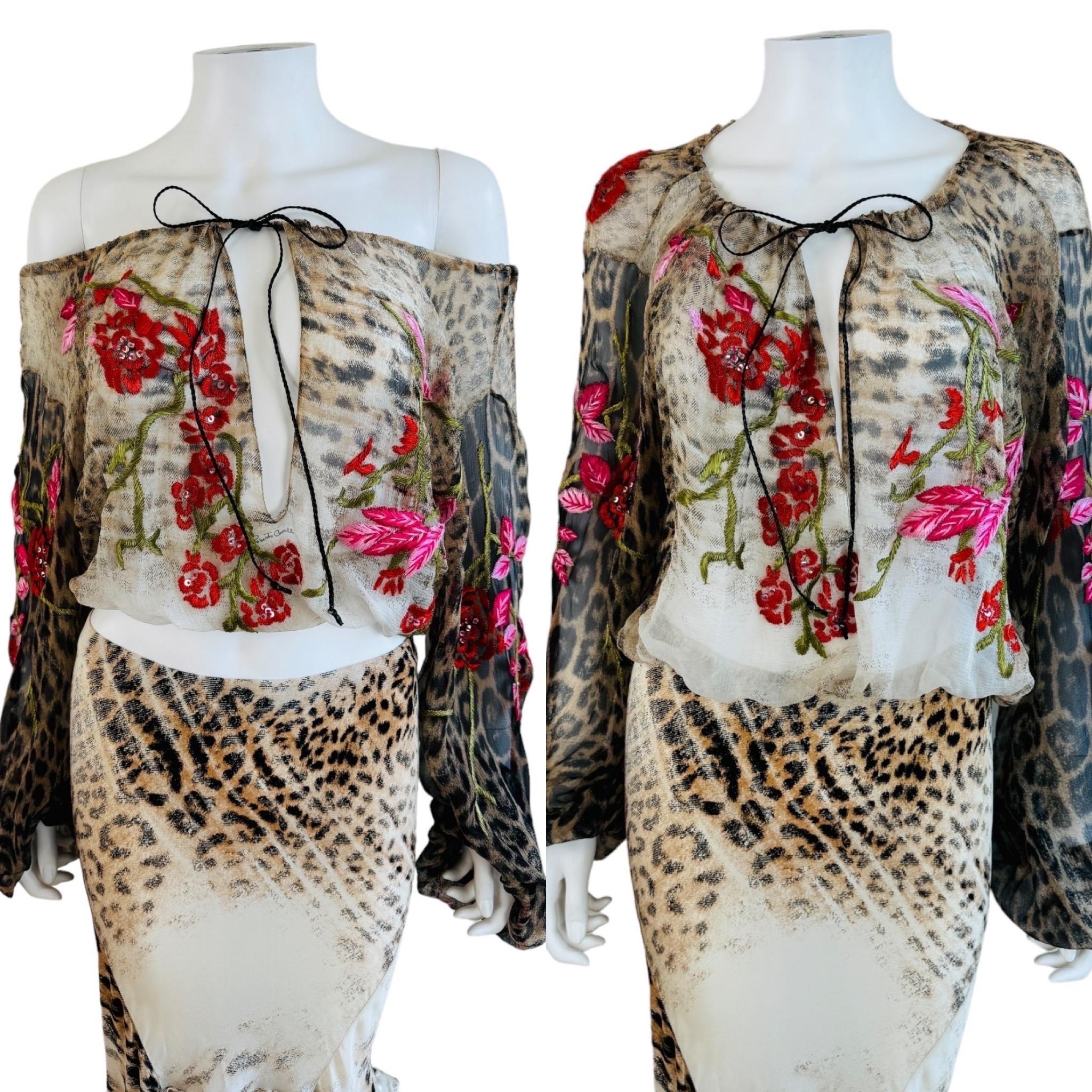Brown Vintage S/S 2002 Roberto Cavalli Leopard Floral Embroidery Silk Top + Skirt Set