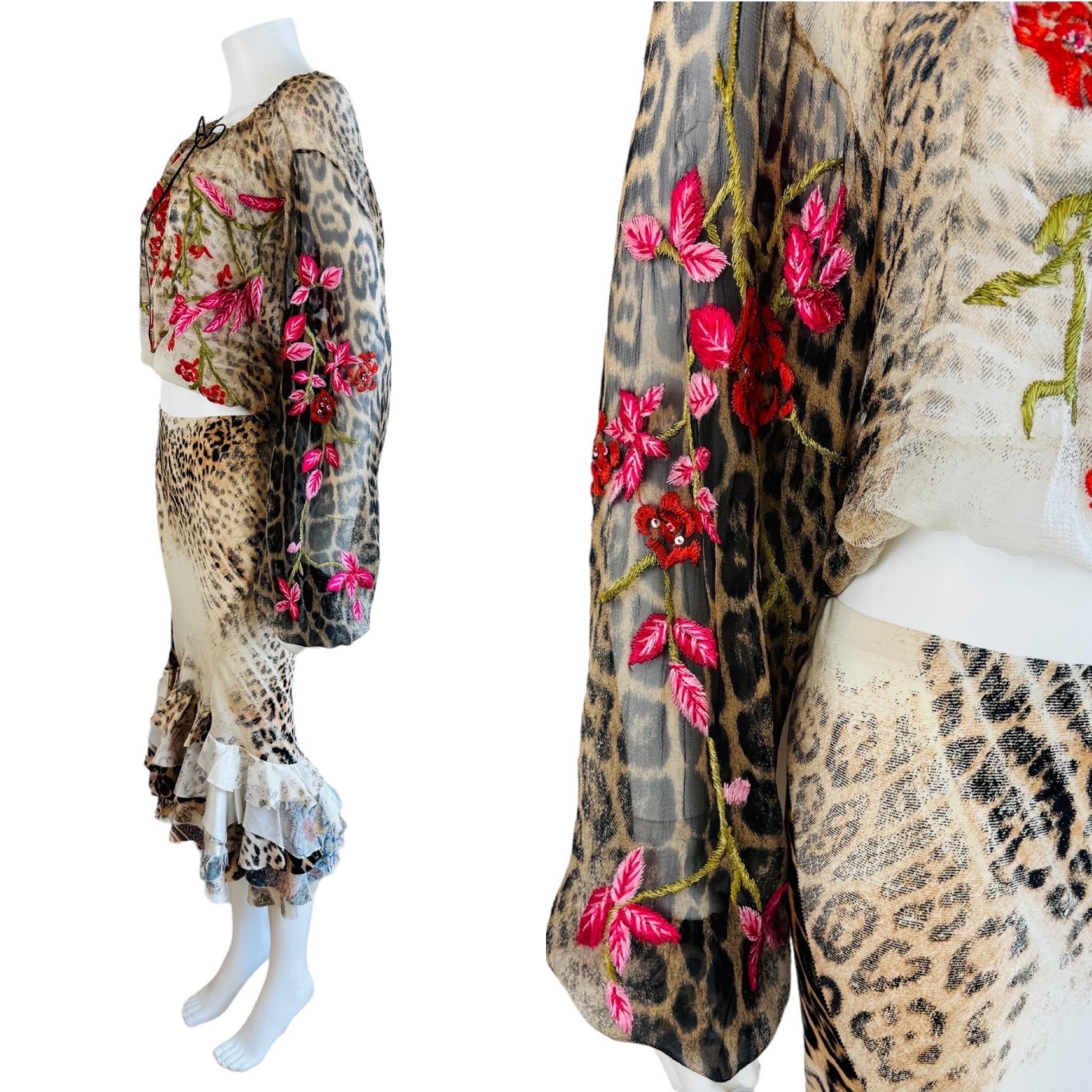 Vintage S/S 2002 Roberto Cavalli Leopard Floral Embroidery Silk Top + Skirt Set In Excellent Condition In Denver, CO