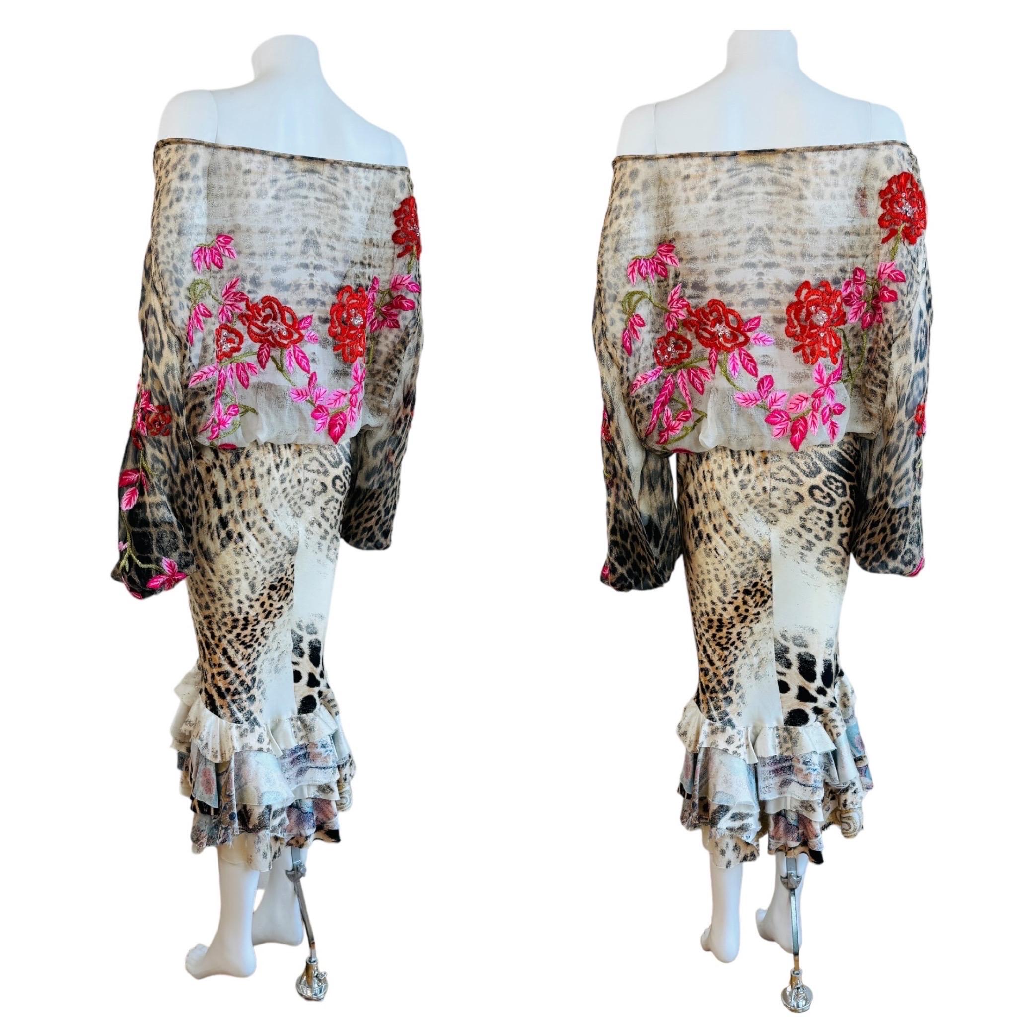 Women's Vintage S/S 2002 Roberto Cavalli Leopard Floral Embroidery Silk Top + Skirt Set