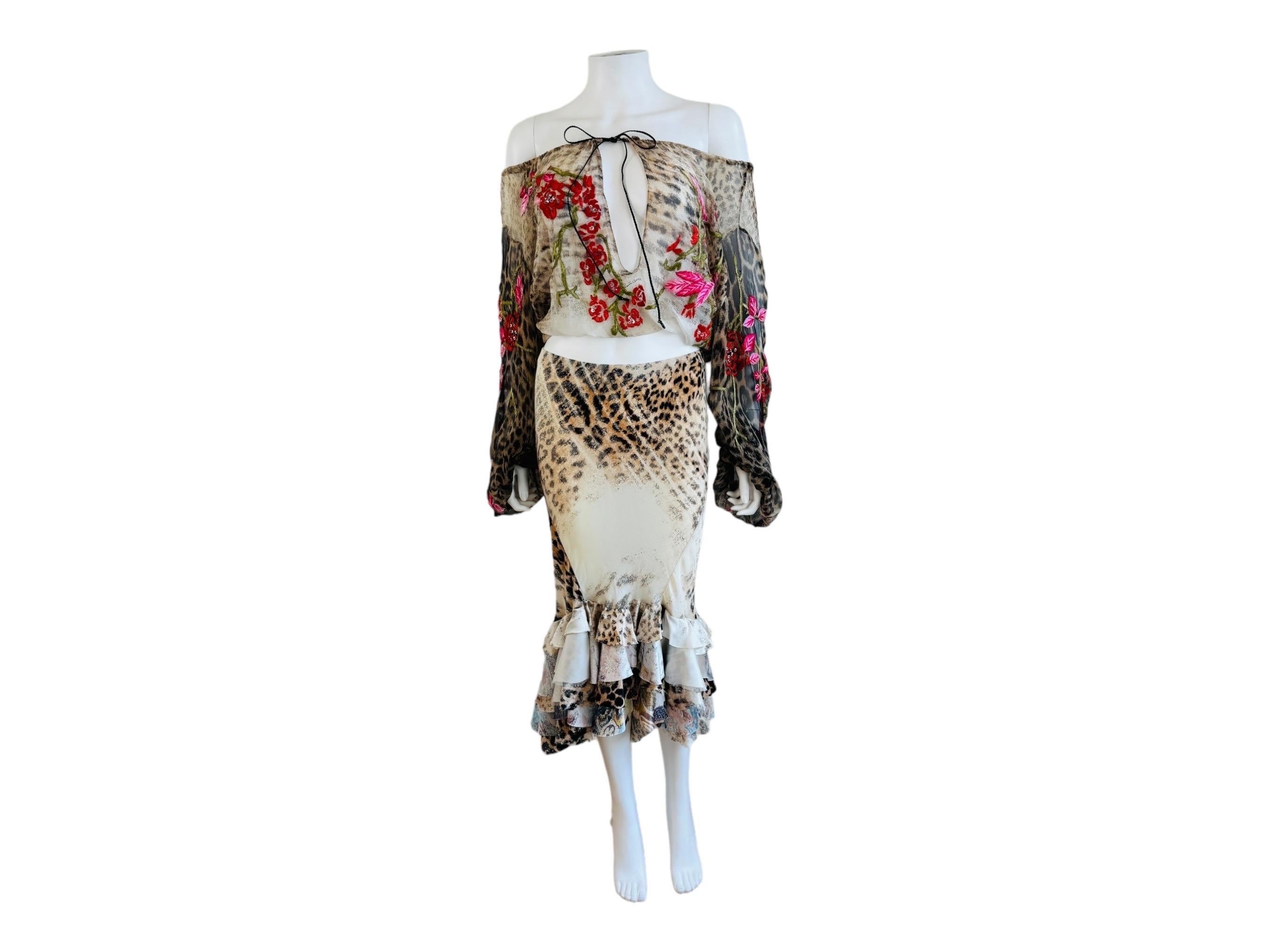 Vintage S/S 2002 Roberto Cavalli Leopard Floral Embroidery Silk Top + Skirt Set 1