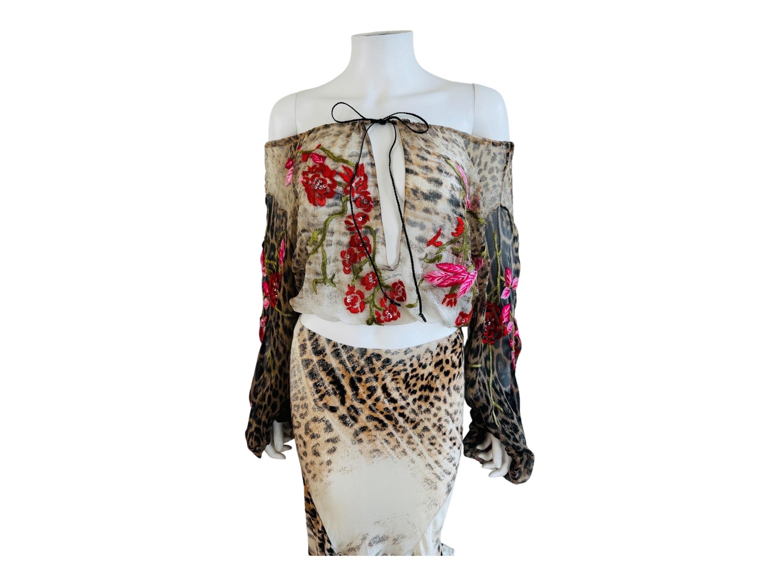 Vintage S/S 2002 Roberto Cavalli Leopard Floral Embroidery Silk Top + Skirt Set 2