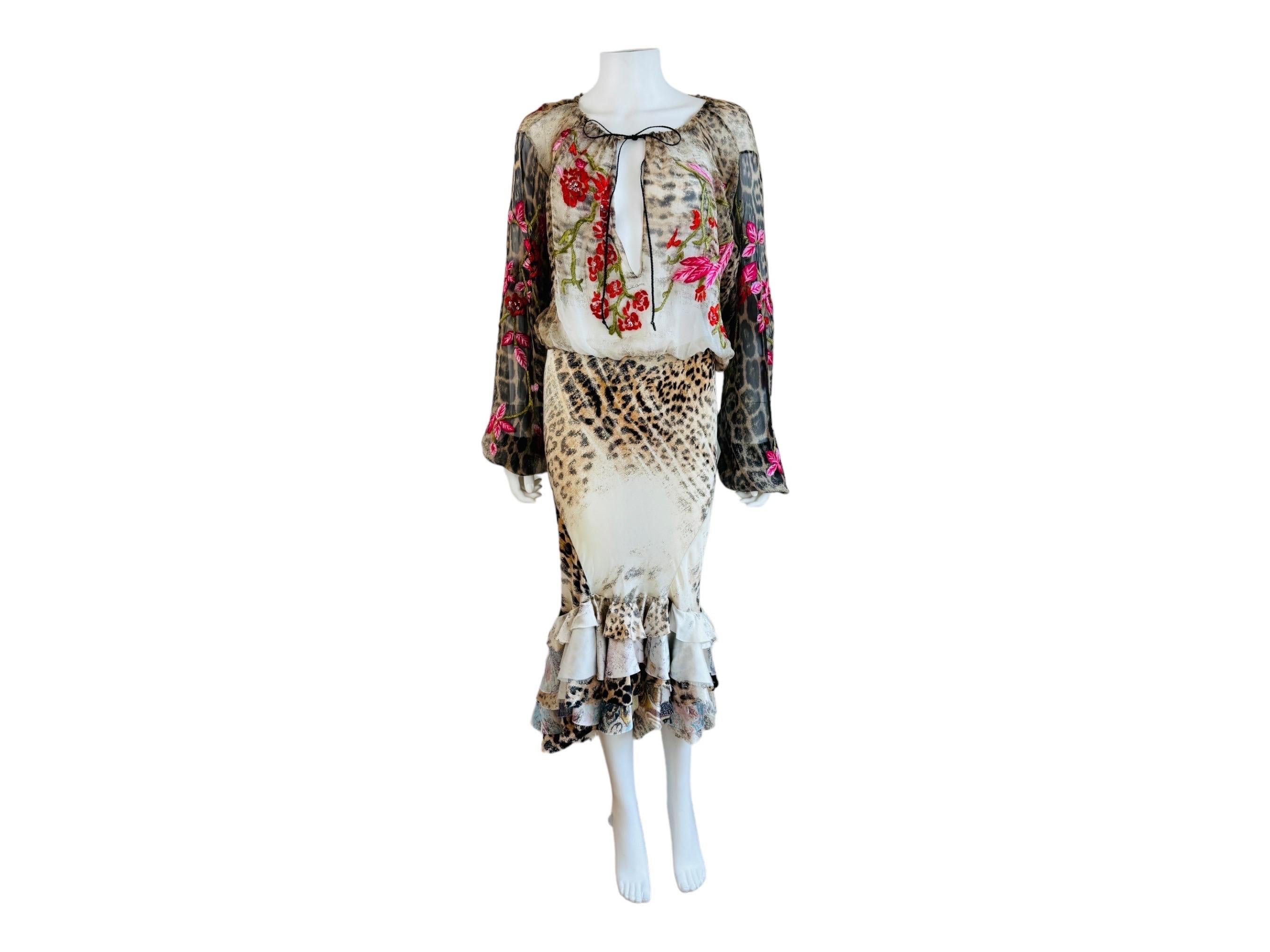 Vintage S/S 2002 Roberto Cavalli Leopard Floral Embroidery Silk Top + Skirt Set 3