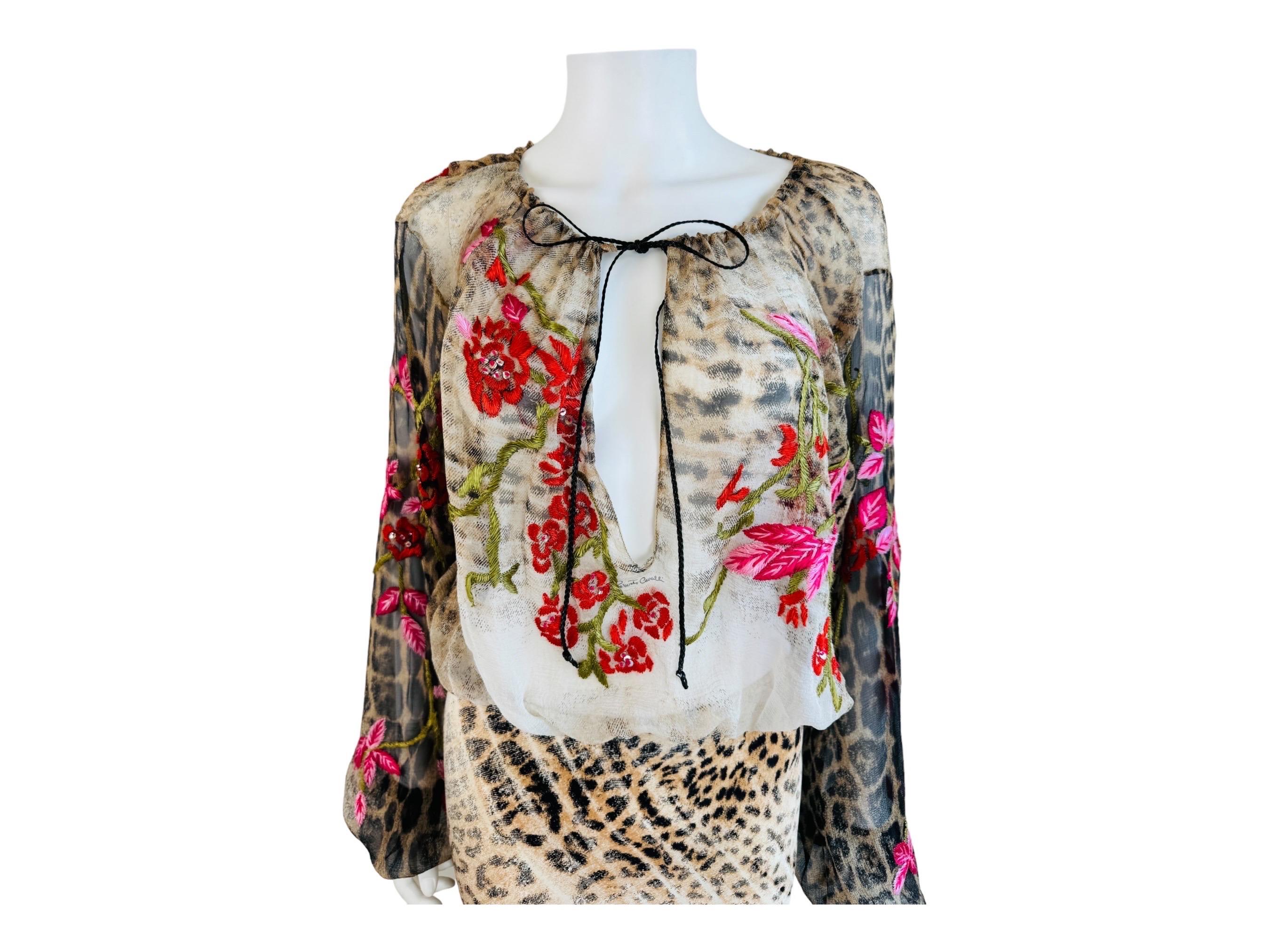 Vintage S/S 2002 Roberto Cavalli Leopard Floral Embroidery Silk Top + Skirt Set 4