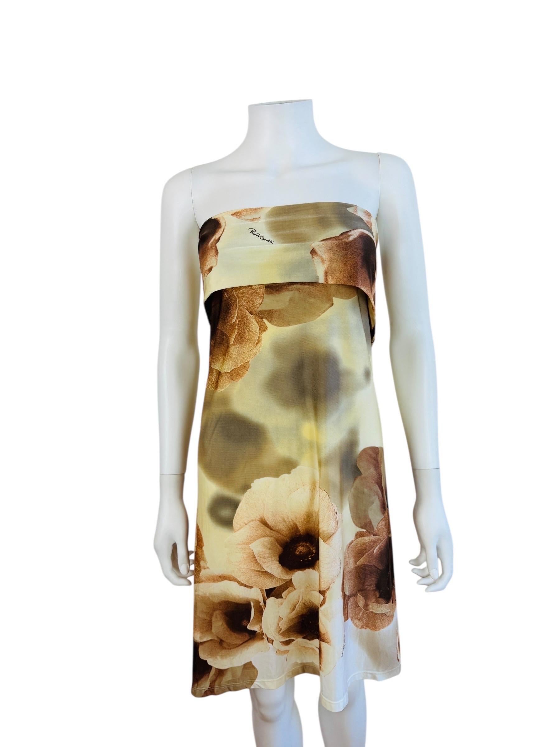 Vintage S/S 2002 Roberto Cavalli Trägerloses übergroßes neutrales geblümtes Minikleid (Beige) im Angebot