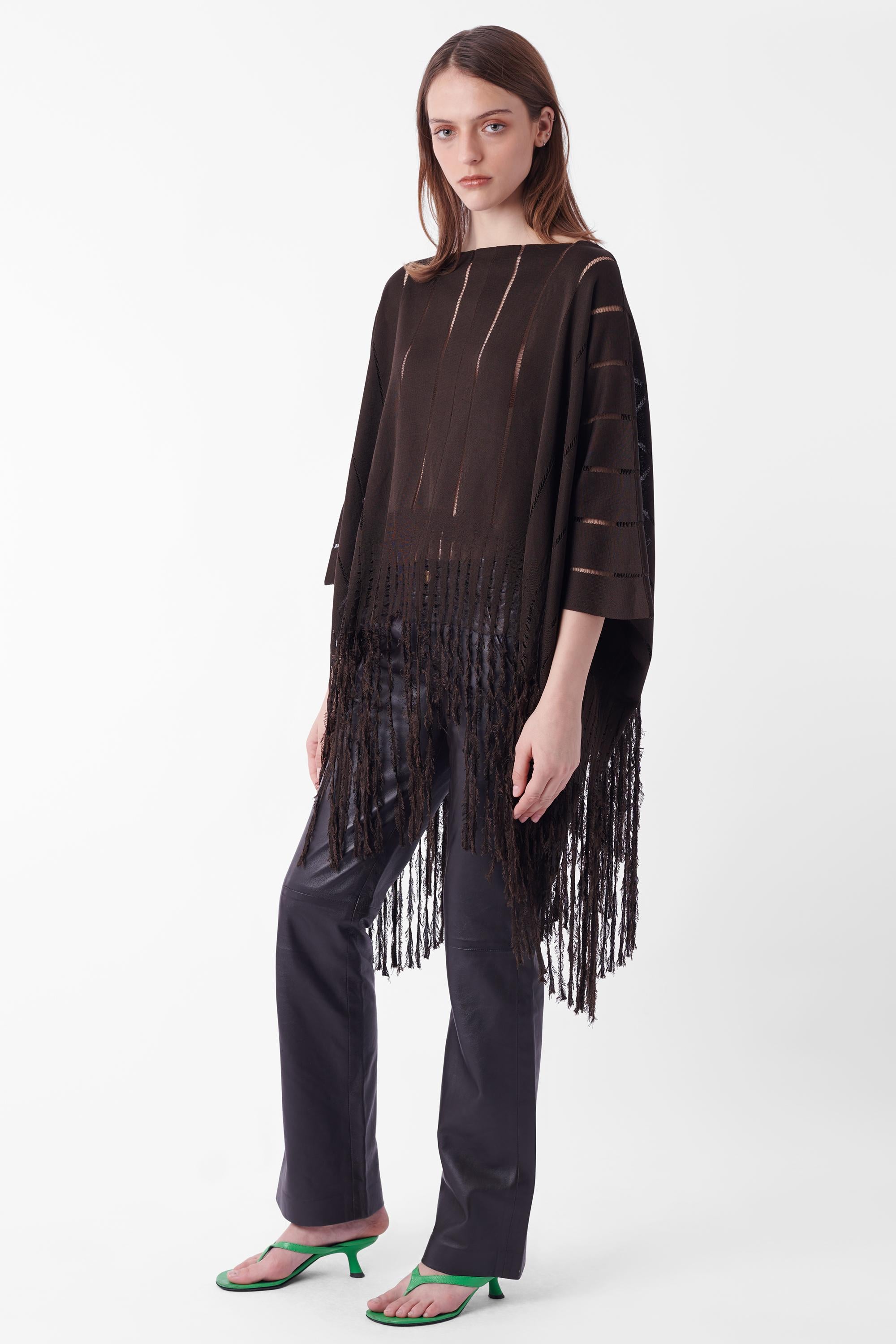 Women's or Men's Vintage S/S 2002 Silk Brown Poncho with Fringe For Sale