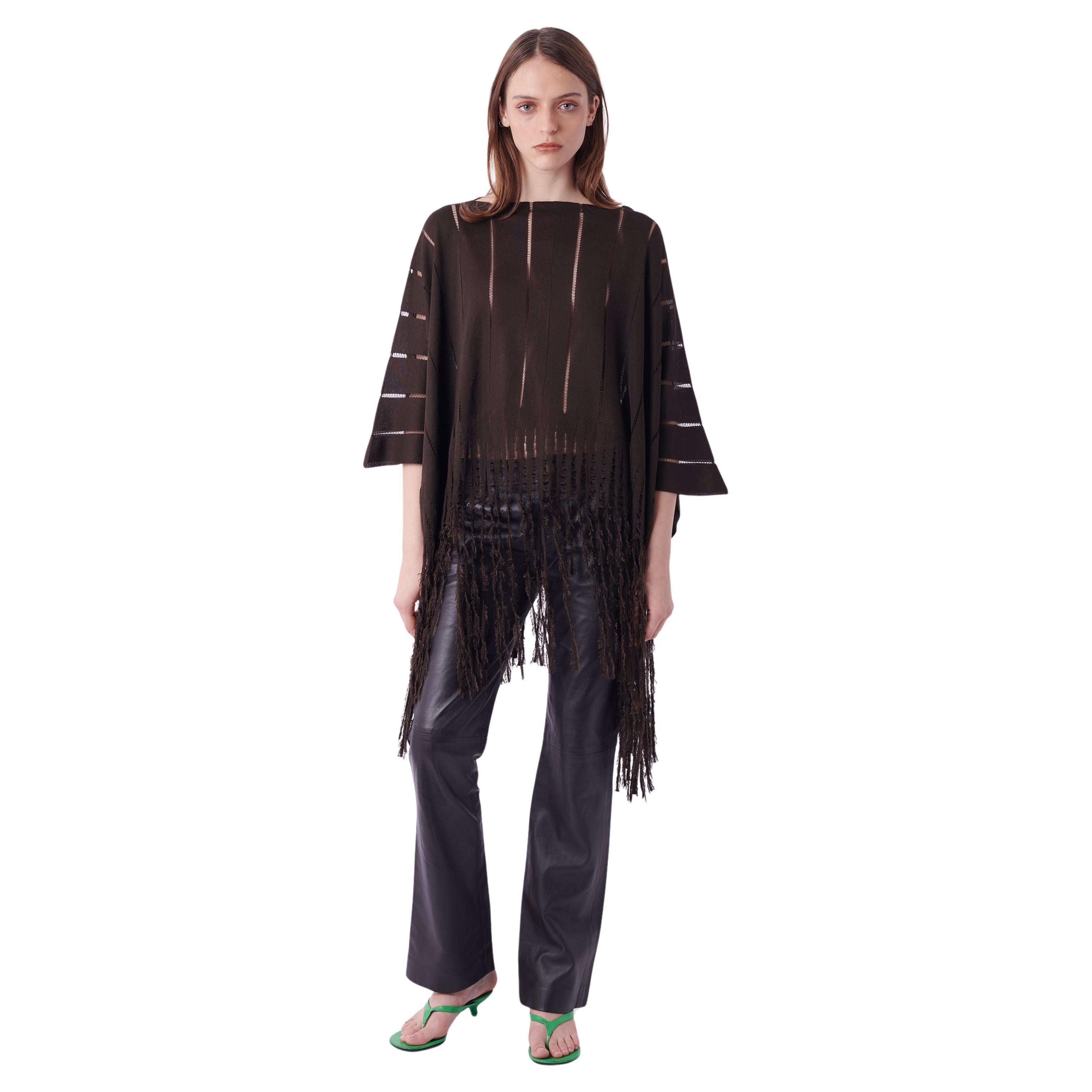 Vintage S/S 2002 Silk Brown Poncho with Fringe For Sale
