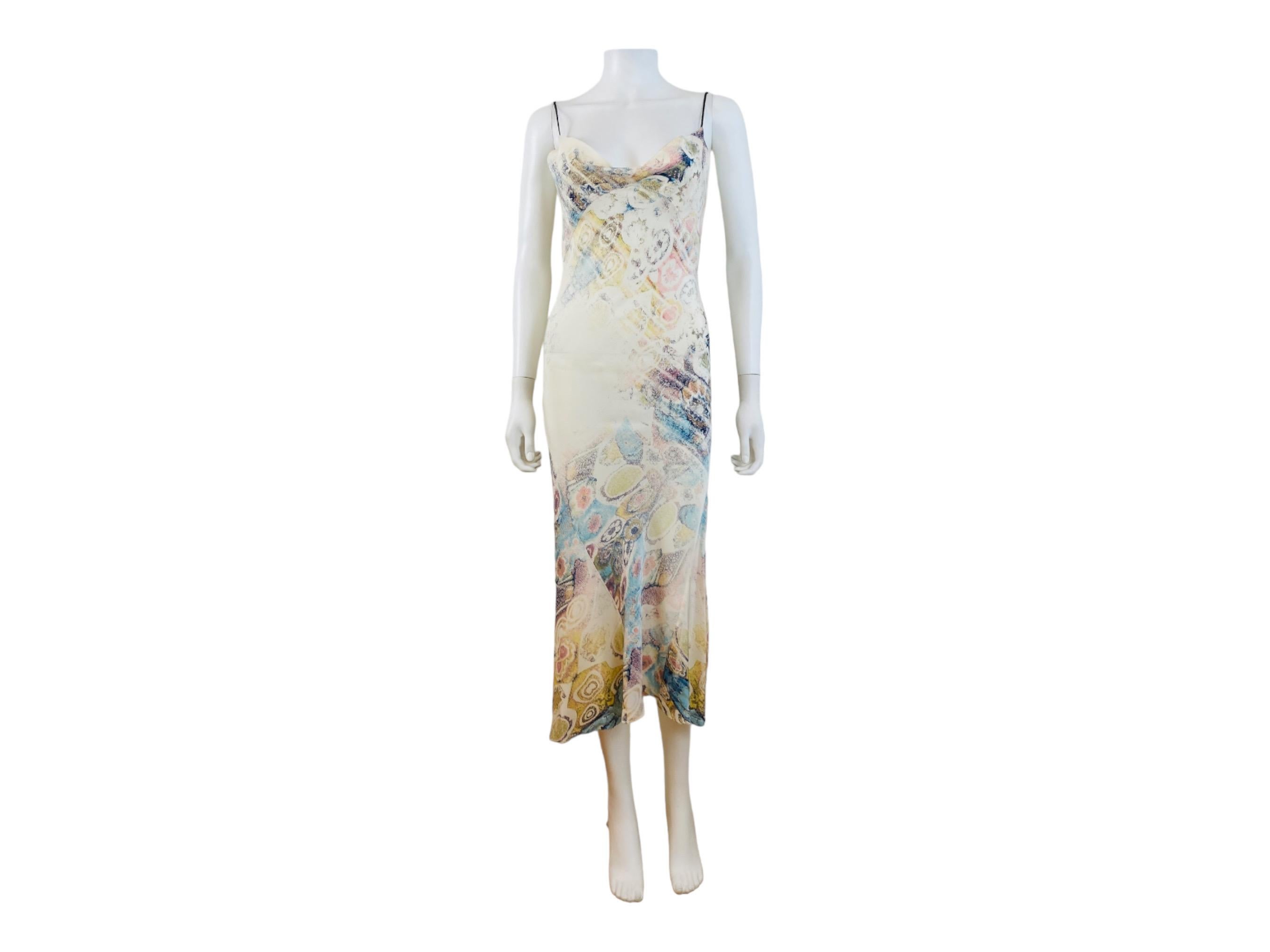 Gray Vintage S/S 2002 Y2K Roberto Cavalli Abstract Floral Print Silk Slip Midi Dress