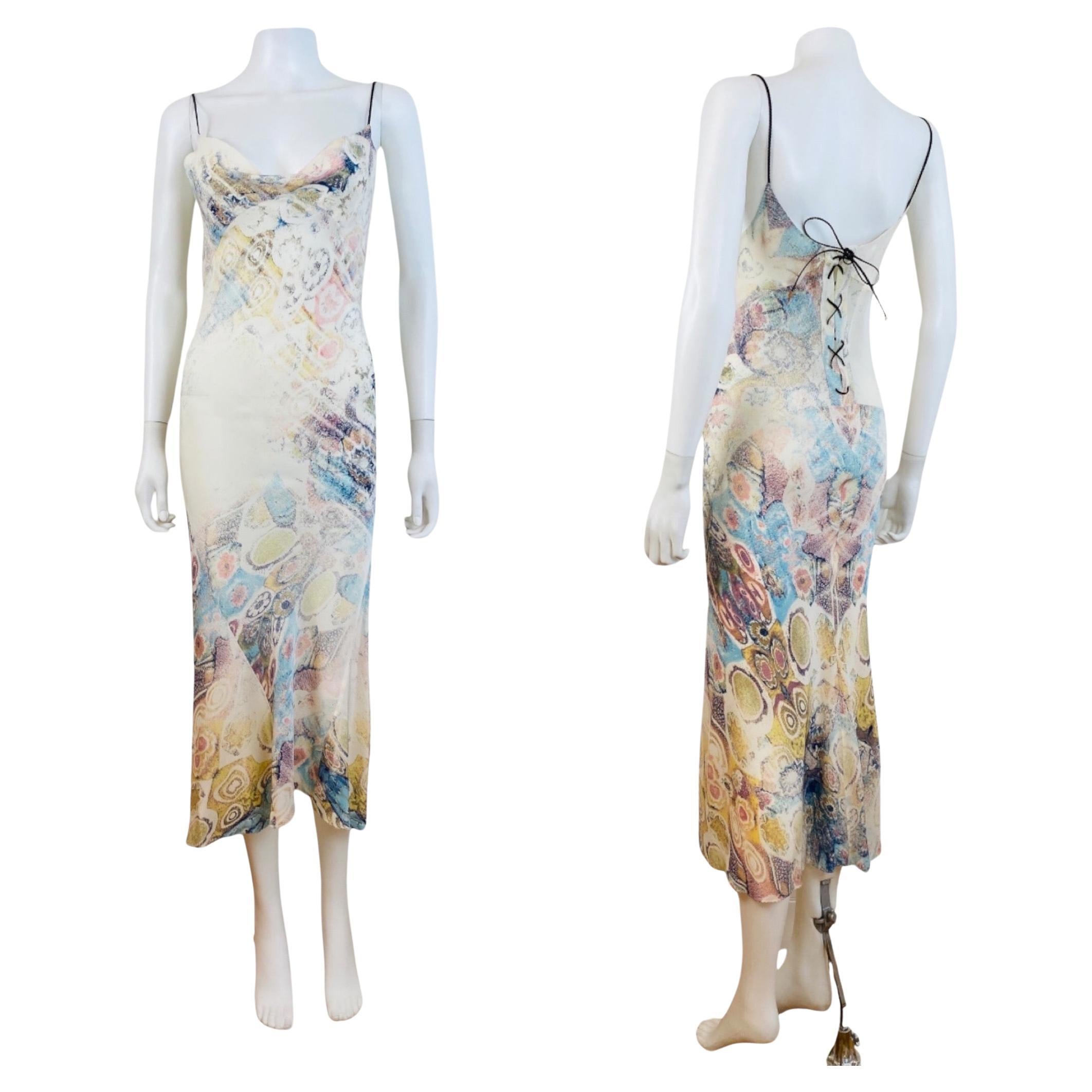 Vintage S/S 2002 Y2K Roberto Cavalli Abstract Floral Print Silk Slip Midi Dress  For Sale