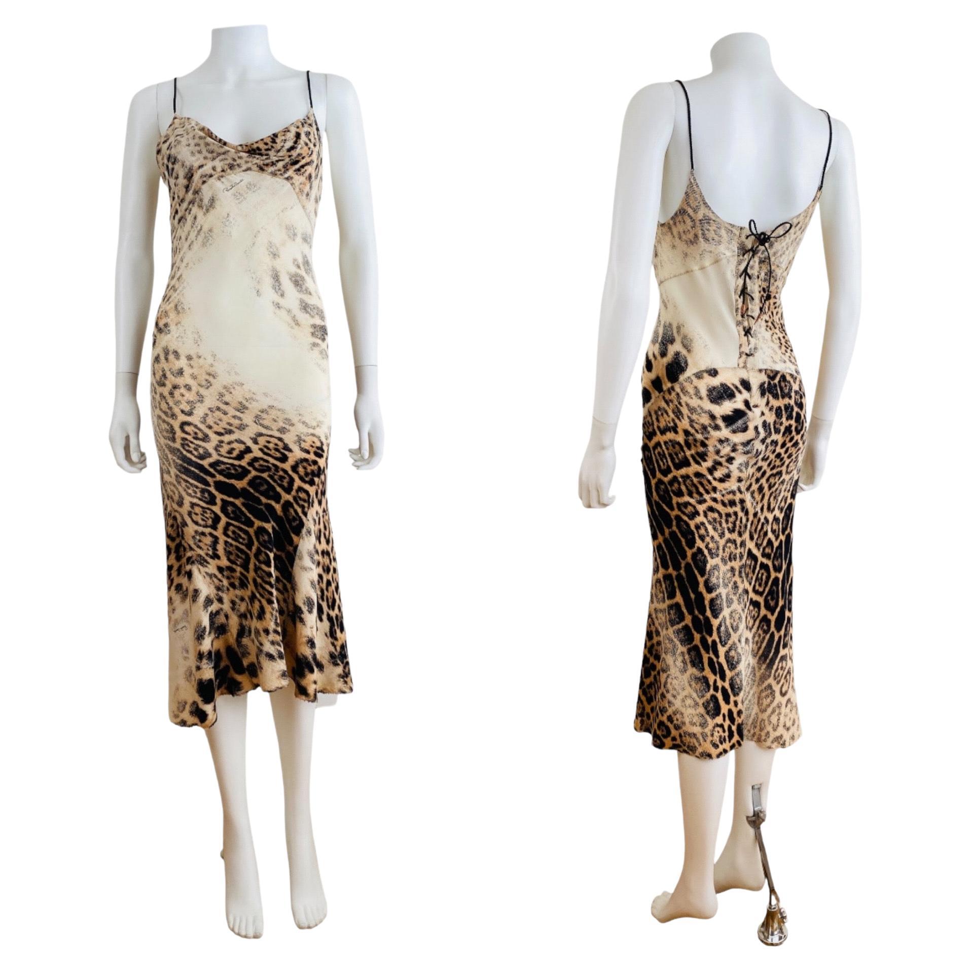 Vintage S/S 2002 Y2K Roberto Cavalli Leopard Animal Print Silk Slip Midi Dress For Sale
