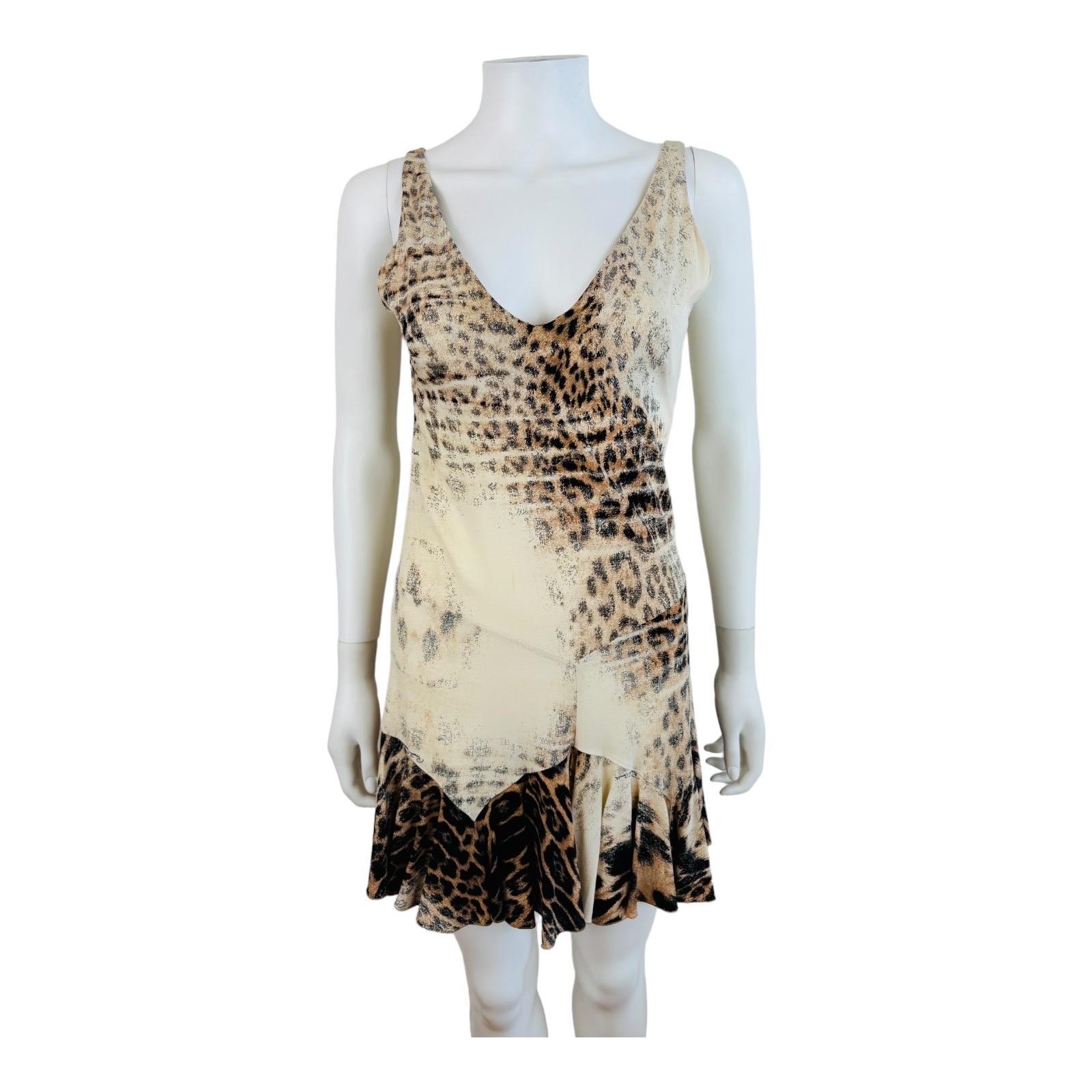 Gray Vintage S/S 2002 Y2K Roberto Cavalli Leopard Animal Print Silk Slip Mini Dress For Sale