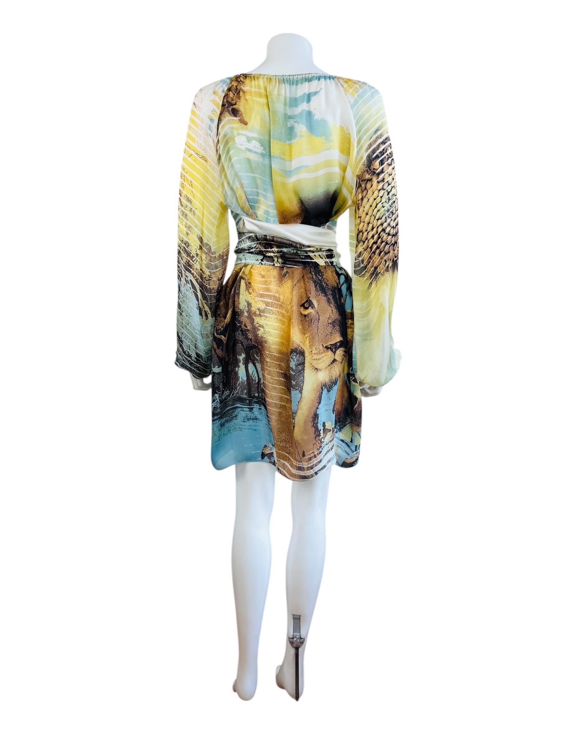 Vintage S/S 2002 Y2K Roberto Cavalli Lion Chiffon Silk Lion Safari Mini Dress For Sale 5