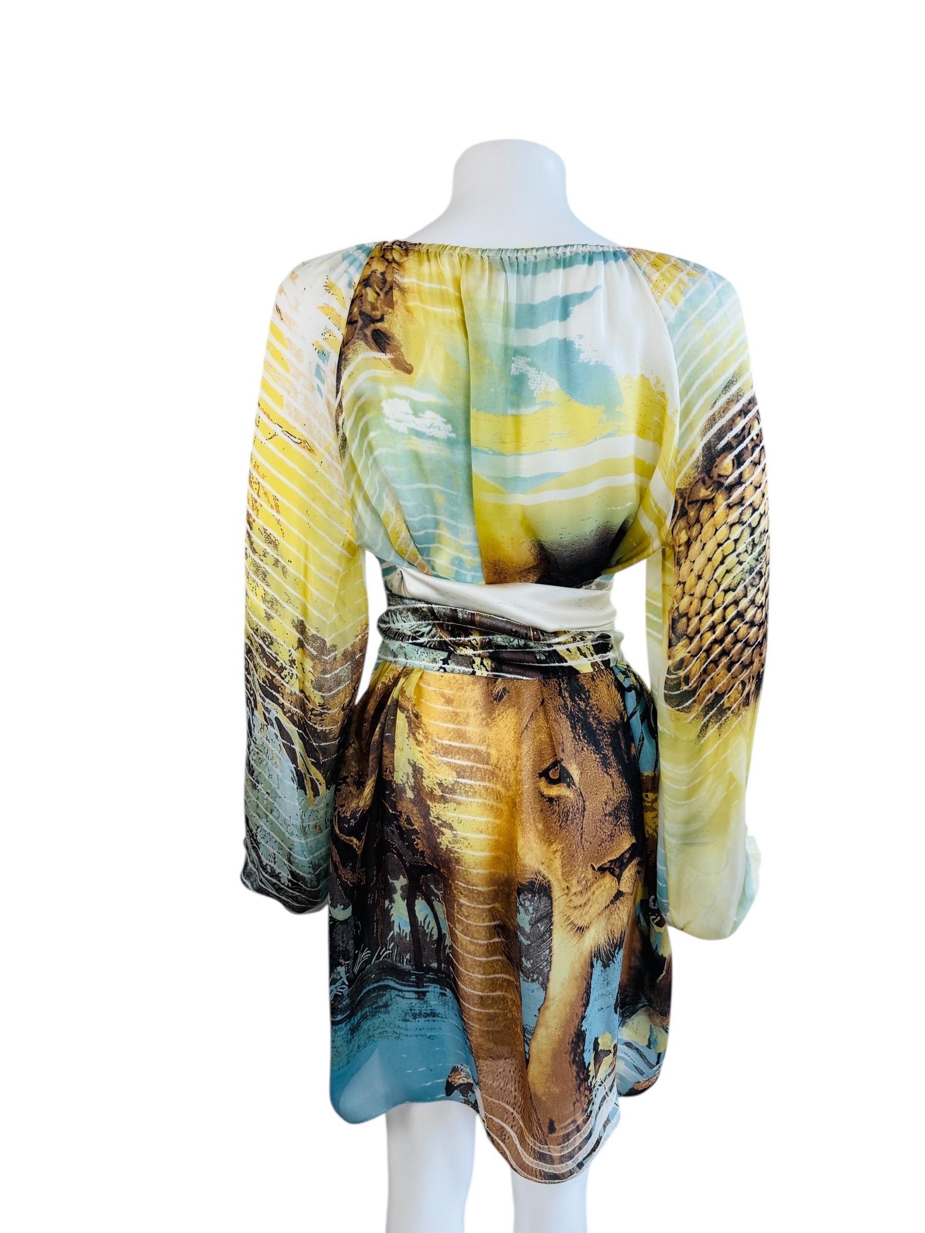 Vintage S/S 2002 Y2K Roberto Cavalli Lion Chiffon Silk Lion Safari Mini Dress For Sale 6