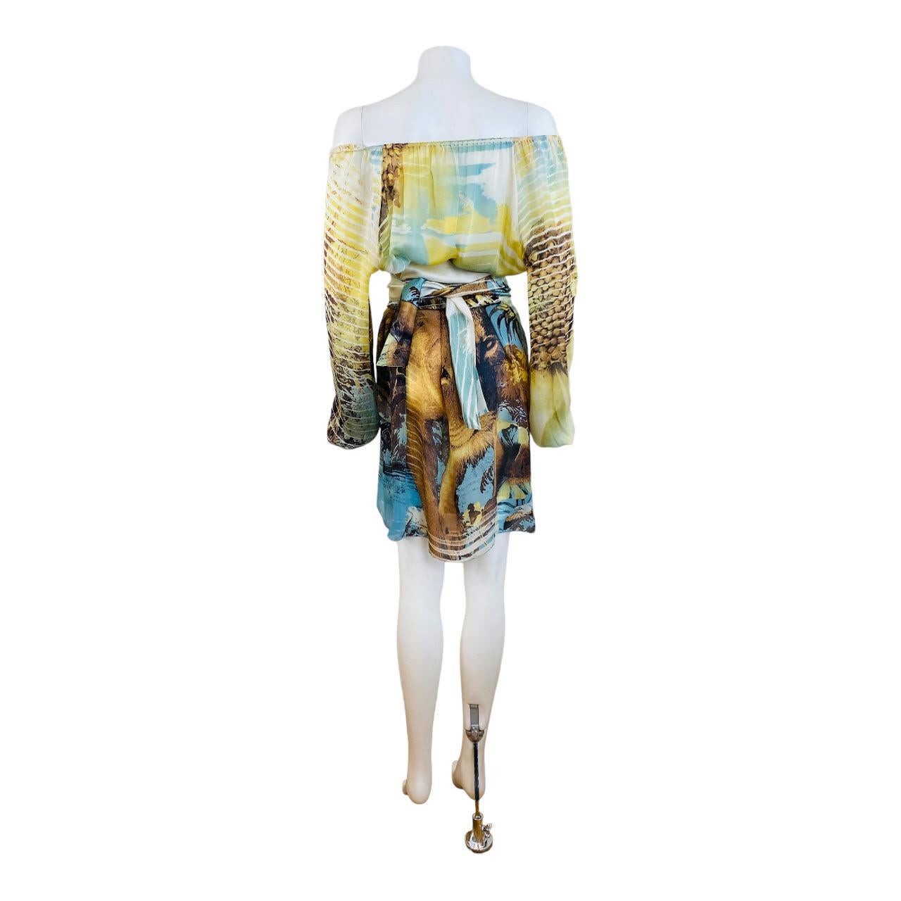 Vintage S/S 2002 Y2K Roberto Cavalli Lion Chiffon Silk Lion Safari Mini Dress 10