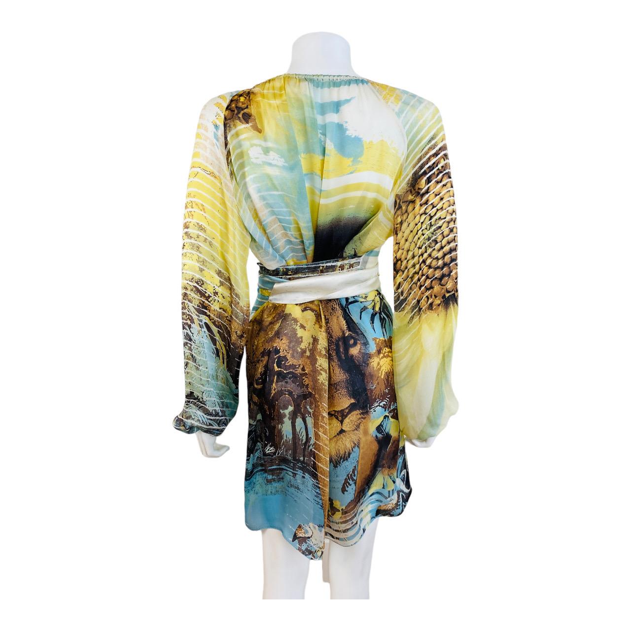 Mini robe vintage lion safari en mousseline de soie Roberto Cavalli, P/E 2002 Y2K en vente 12