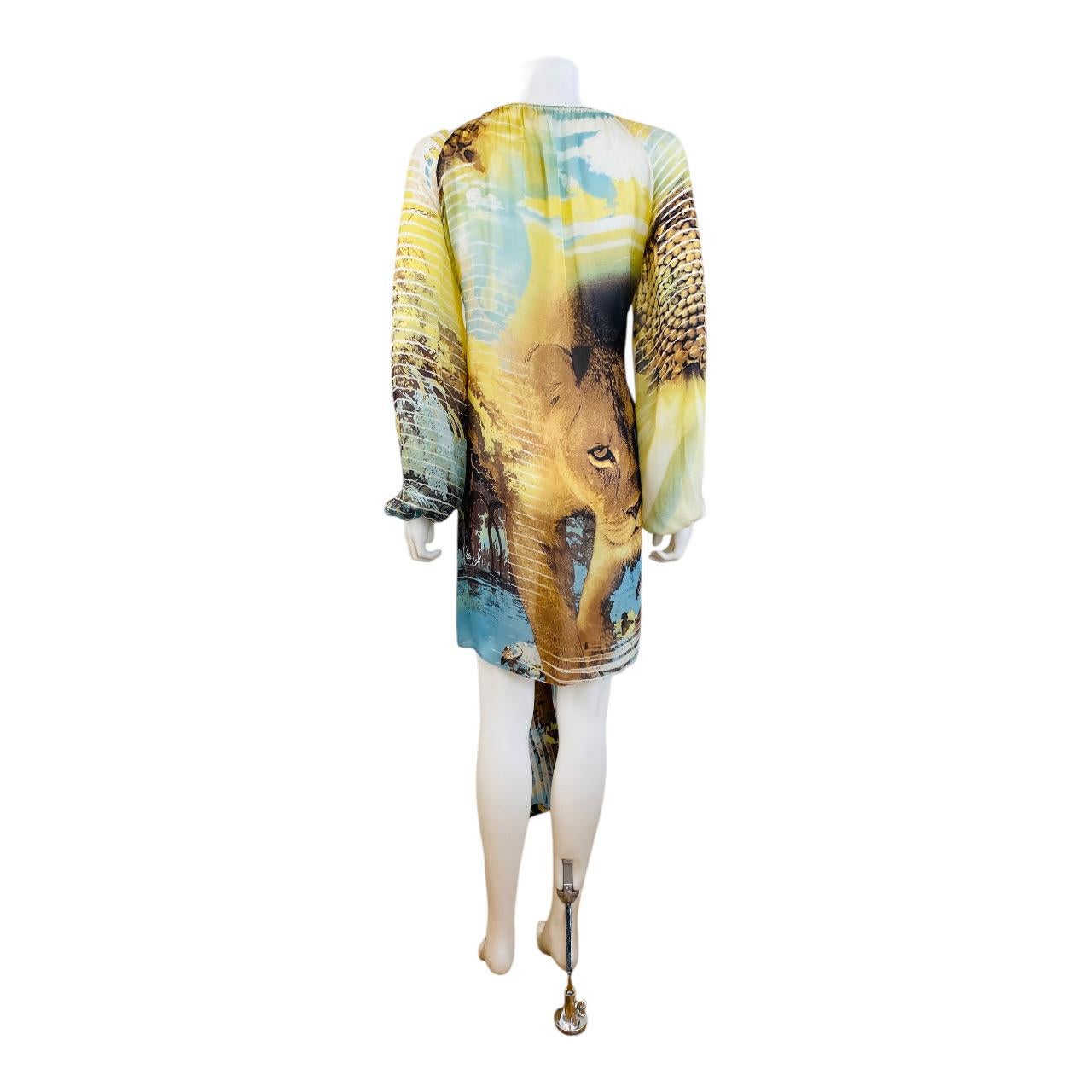 Mini robe vintage lion safari en mousseline de soie Roberto Cavalli, P/E 2002 Y2K en vente 13