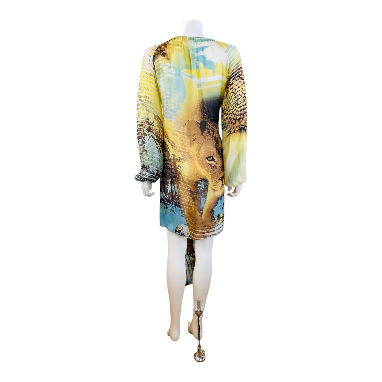 Vintage S/S 2002 Y2K Roberto Cavalli Lion Chiffon Silk Lion Safari Mini Dress For Sale 13