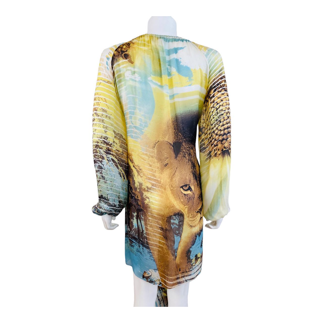 Vintage S/S 2002 Y2K Roberto Cavalli Lion Chiffon Silk Lion Safari Mini Dress For Sale 14