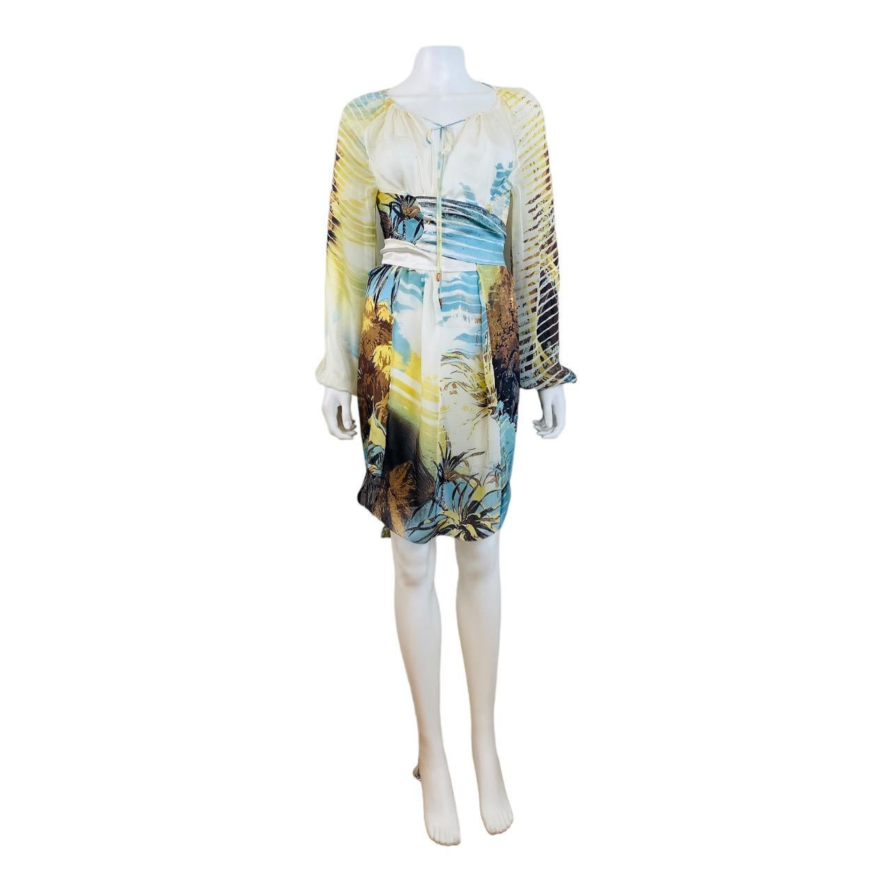 S/S 200s2 2000s Roberto Cavalli Dress 
Oversized lion print on semi sheer chiffon silk fabric
Elastic neckline can be worn many ways but is meant to be tied at the front
Loose flowy fit with wide attached matching silk satin fabric belt can also be