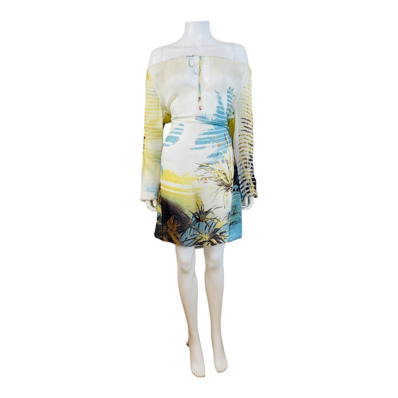 Beige Vintage S/S 2002 Y2K Roberto Cavalli Lion Chiffon Silk Lion Safari Mini Dress