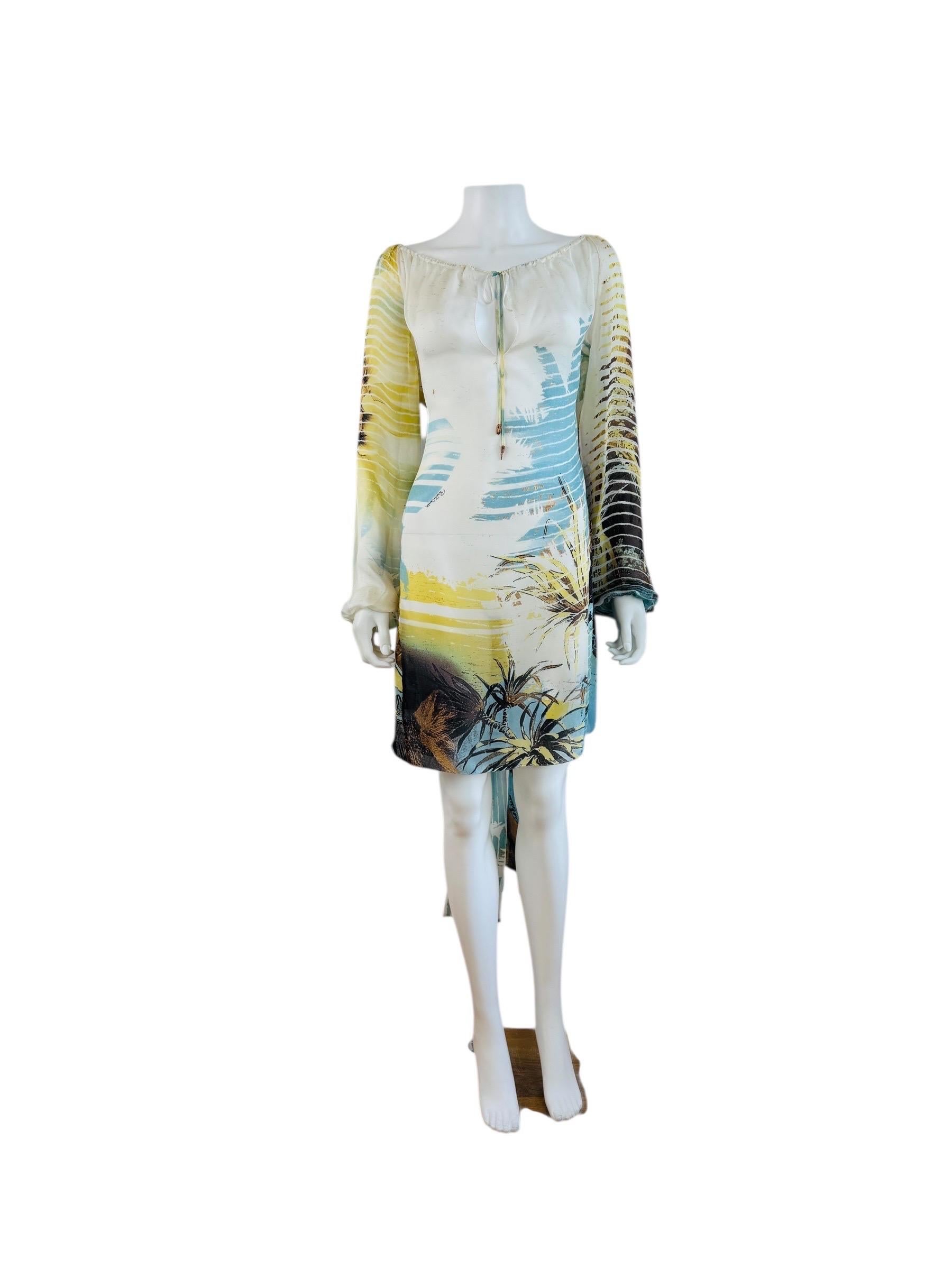 Beige Vintage S/S 2002 Y2K Roberto Cavalli Lion Chiffon Silk Lion Safari Mini Dress For Sale