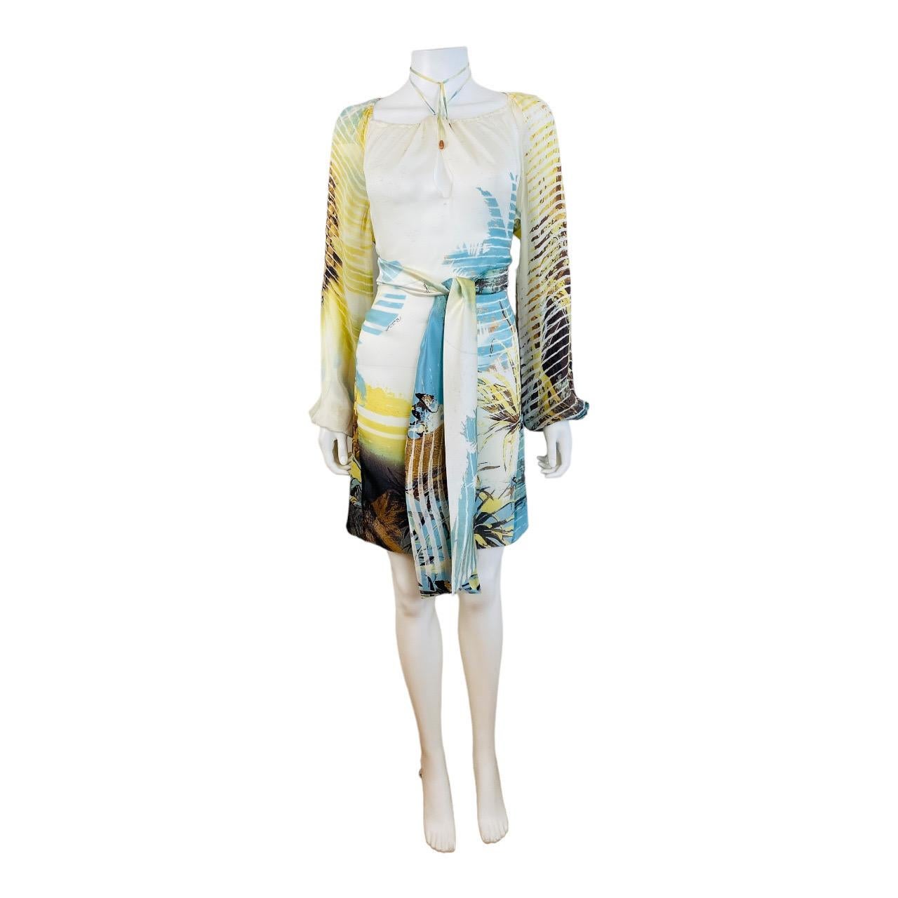 Vintage S/S 2002 Y2K Roberto Cavalli Lion Chiffon Silk Lion Safari Mini Dress In Excellent Condition In Denver, CO