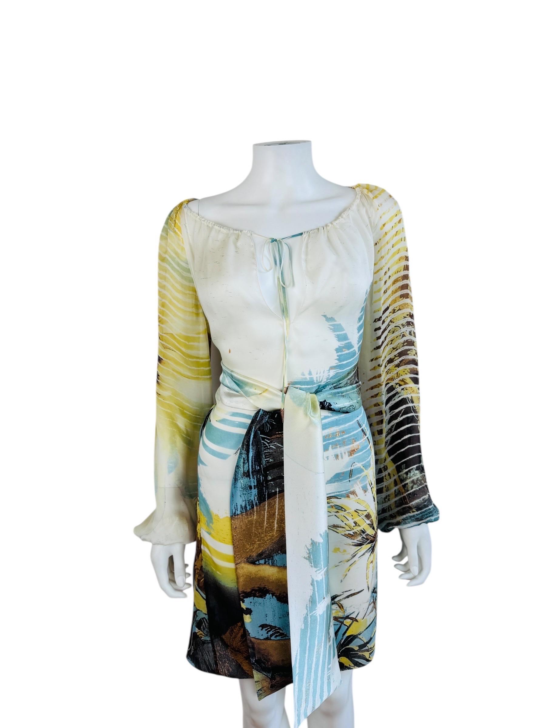 Vintage S/S 2002 Y2K Roberto Cavalli Lion Chiffon Silk Lion Safari Mini Dress In Excellent Condition For Sale In Denver, CO