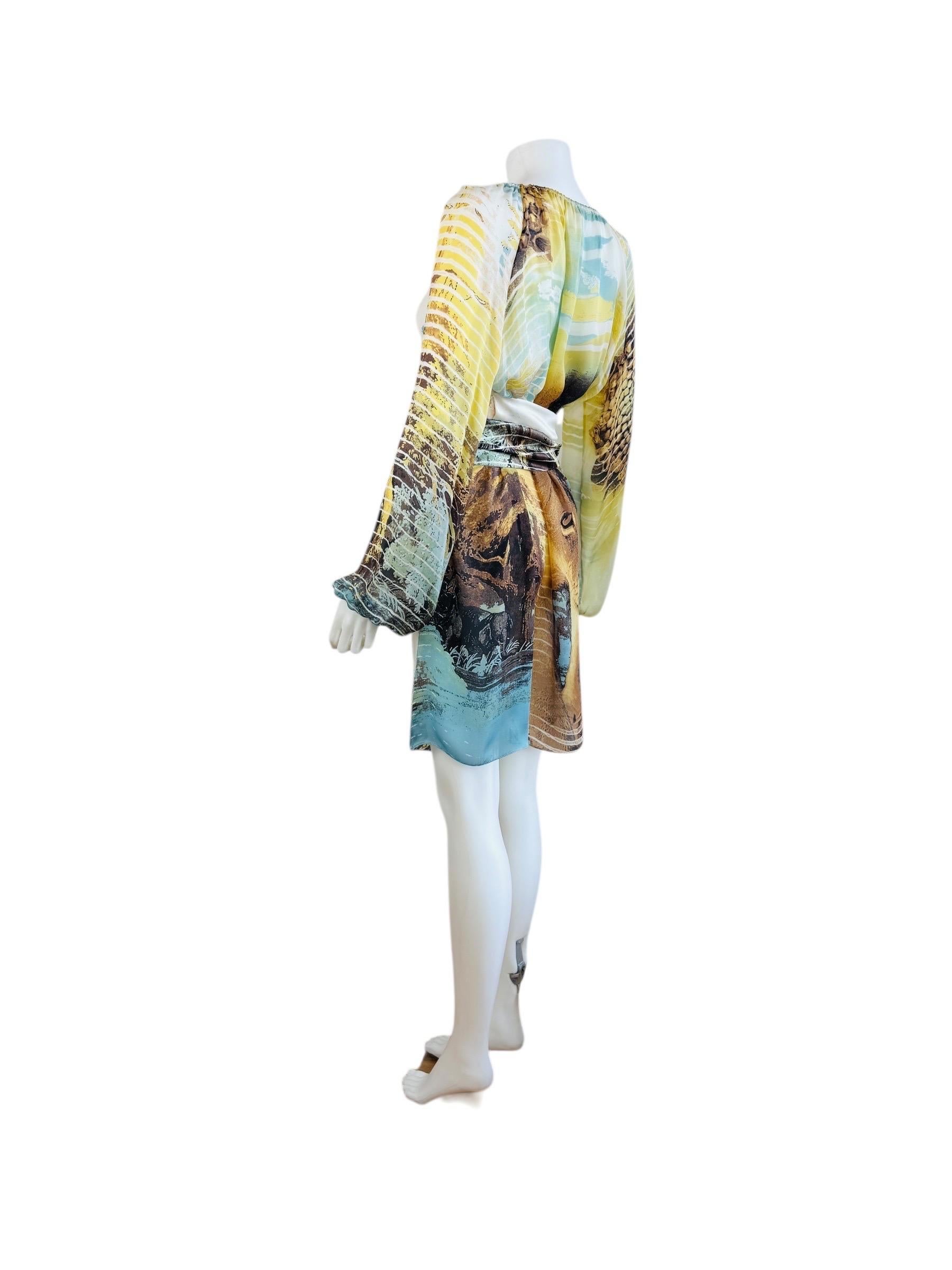 Vintage S/S 2002 Y2K Roberto Cavalli Lion Chiffon Silk Lion Safari Mini Dress For Sale 3