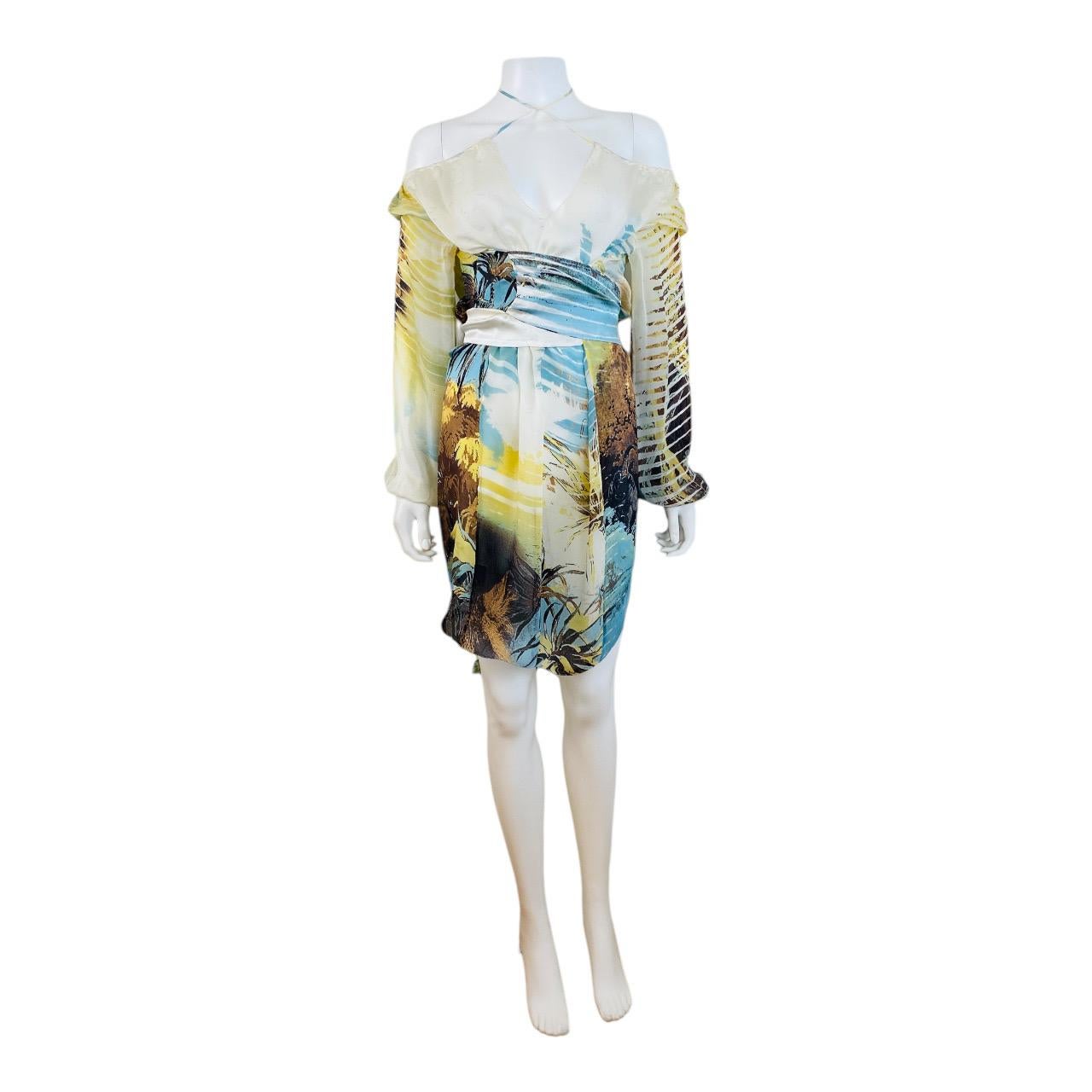 Vintage S/S 2002 Y2K Roberto Cavalli Lion Chiffon Silk Lion Safari Mini Dress For Sale 5