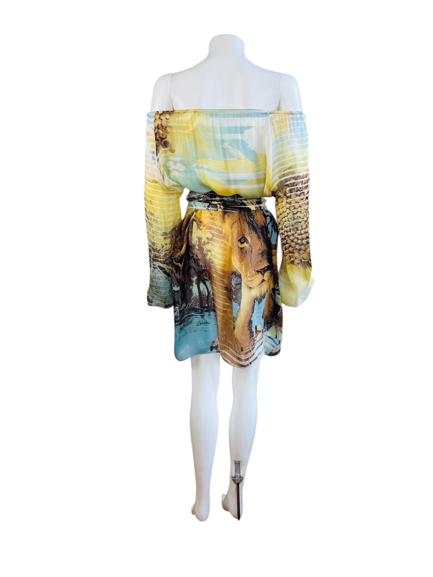 Vintage S/S 2002 Y2K Roberto Cavalli Lion Chiffon Silk Lion Safari Mini Dress For Sale 4