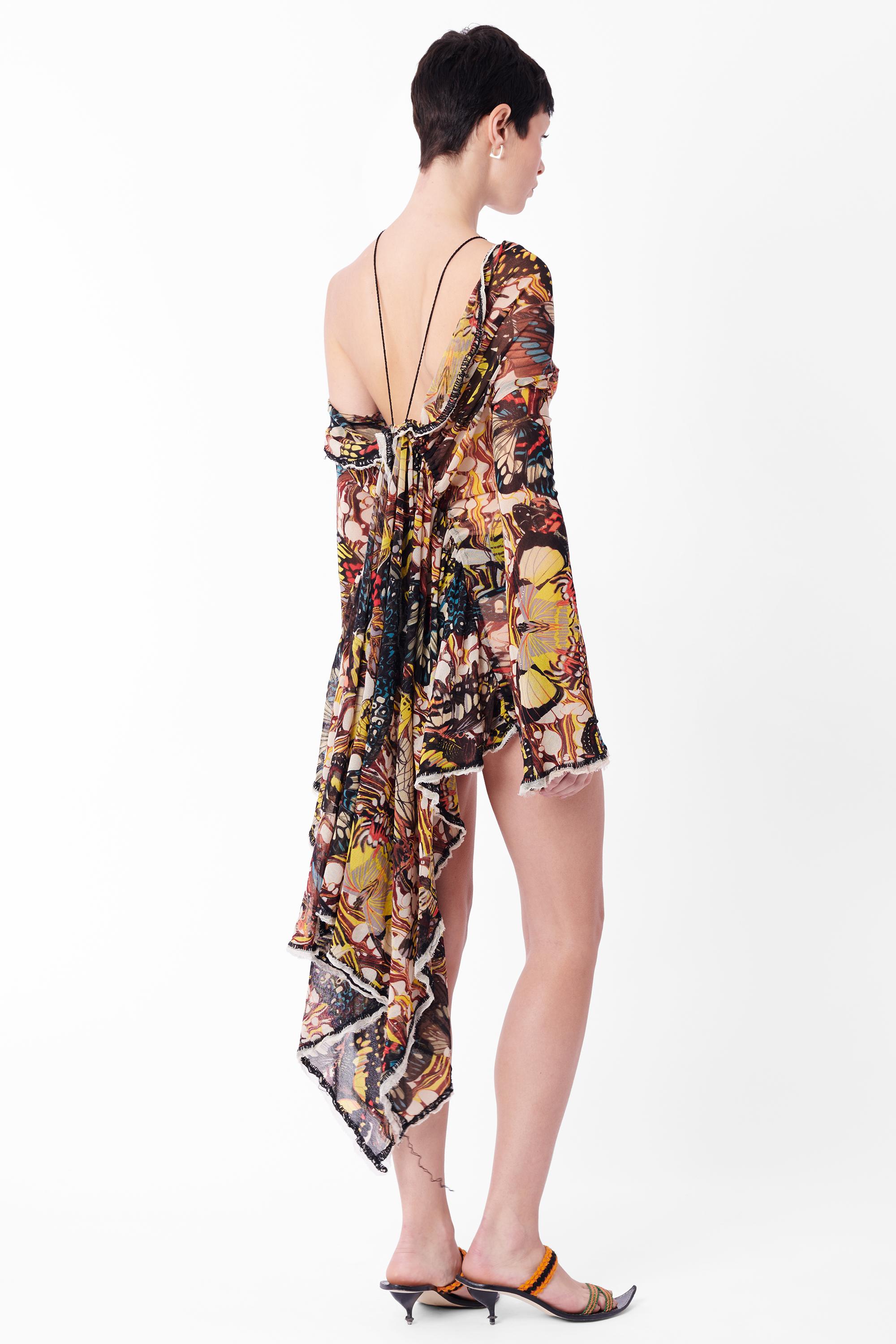 Vintage Jean Paul Gaultier Spring Summer 2003 robe à manches longues imprimée papillon. Elle présente l'imprimé iconique 