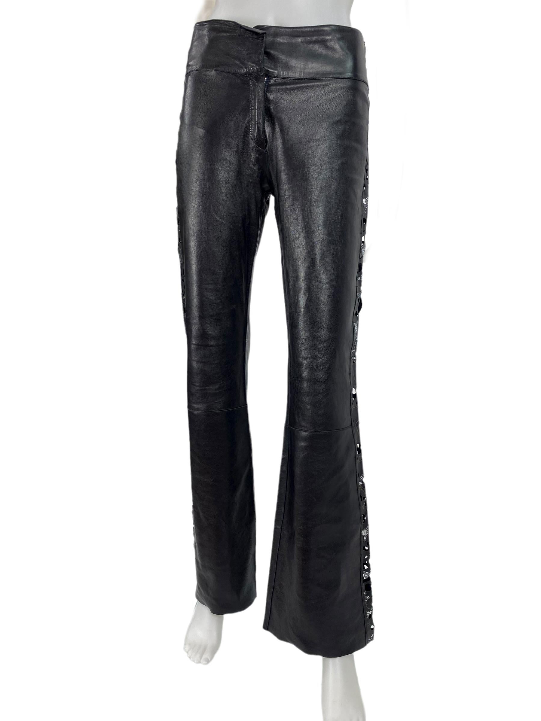 Karl Lagerfeld for Fendi Embellished Black Leather Pants 
Vintage S/S 2003 Collection
Italian size 38
100% Leather, Laser cut, Sequins.
Measurements: total length - 41 inch, waist - 30
