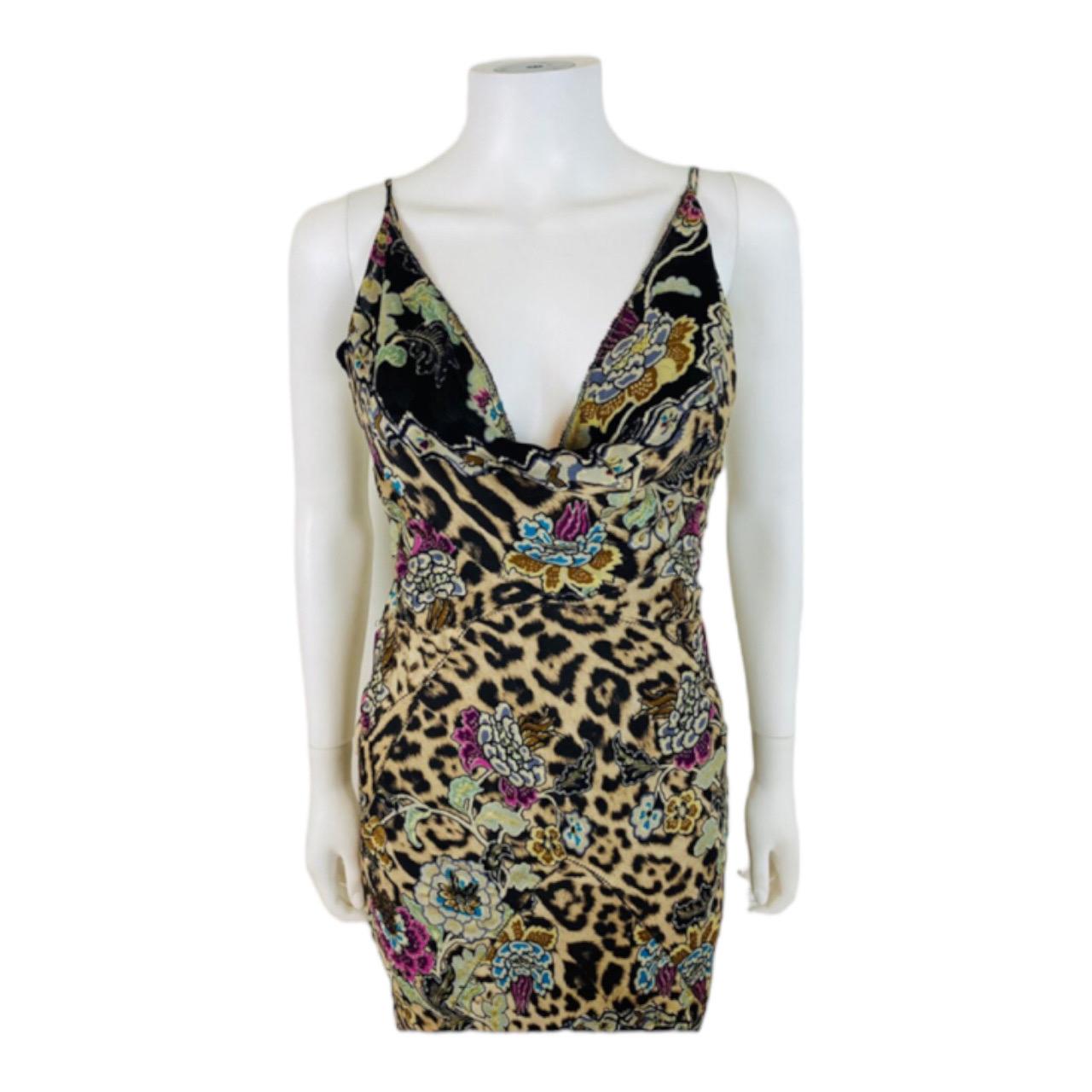Vintage S/S 2003 Roberto Cavalli Black Chinoiserie Leopard Floral Dress Gown In Excellent Condition For Sale In Denver, CO