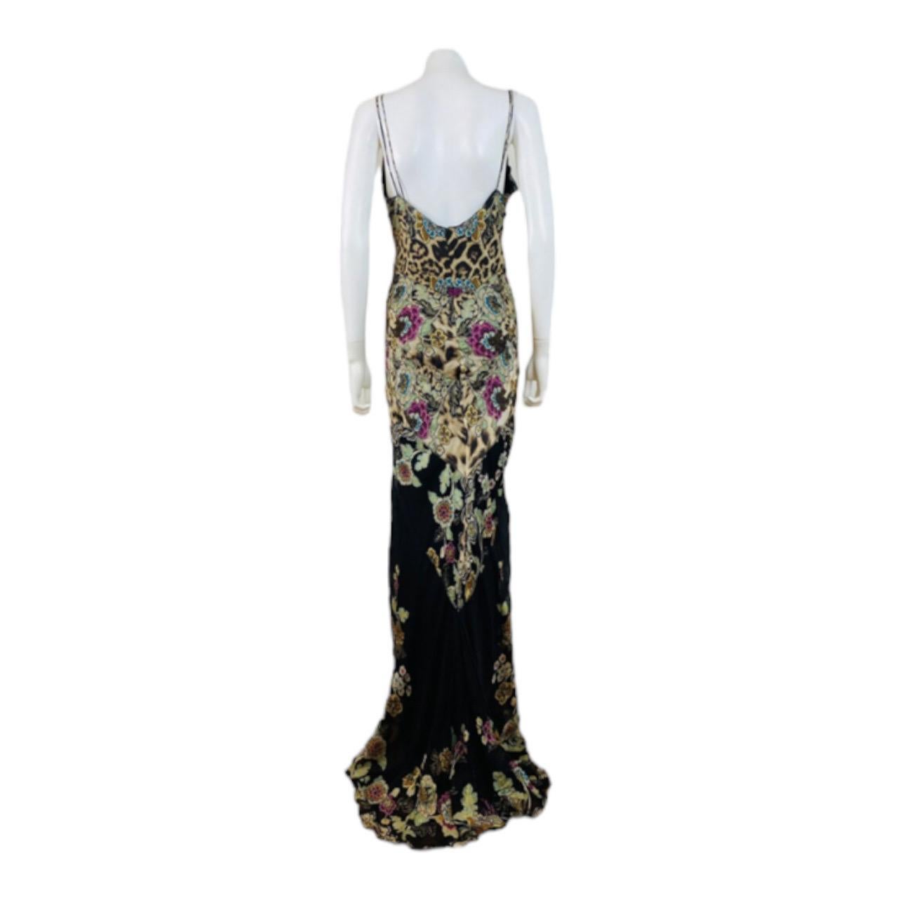Vintage S/S 2003 Roberto Cavalli Black Chinoiserie Leopard Floral Dress Gown For Sale 3