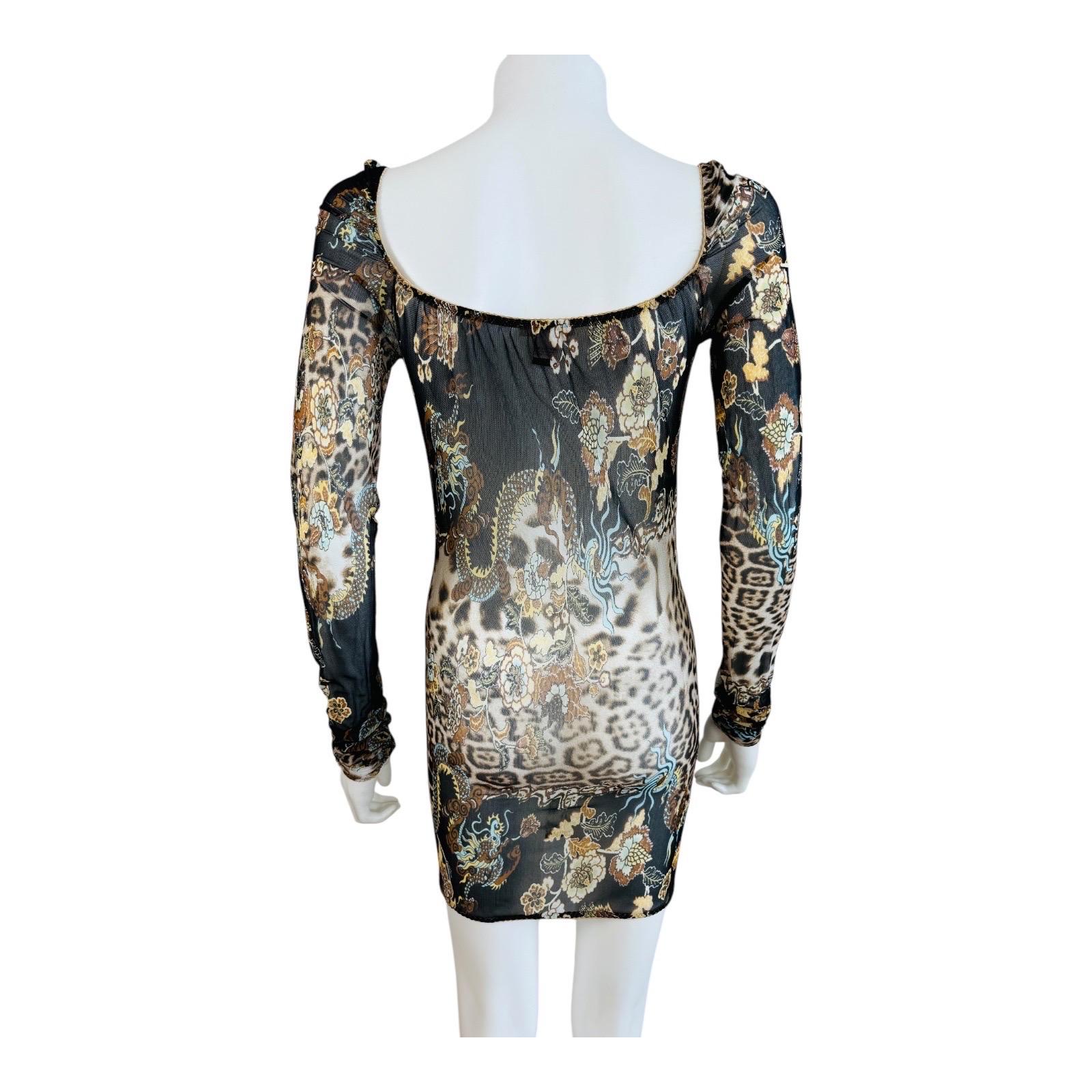 Vintage S/S 2003 Roberto Cavalli Mesh Chinoiserie Leopard Dragon Mini Dress in vendita 5