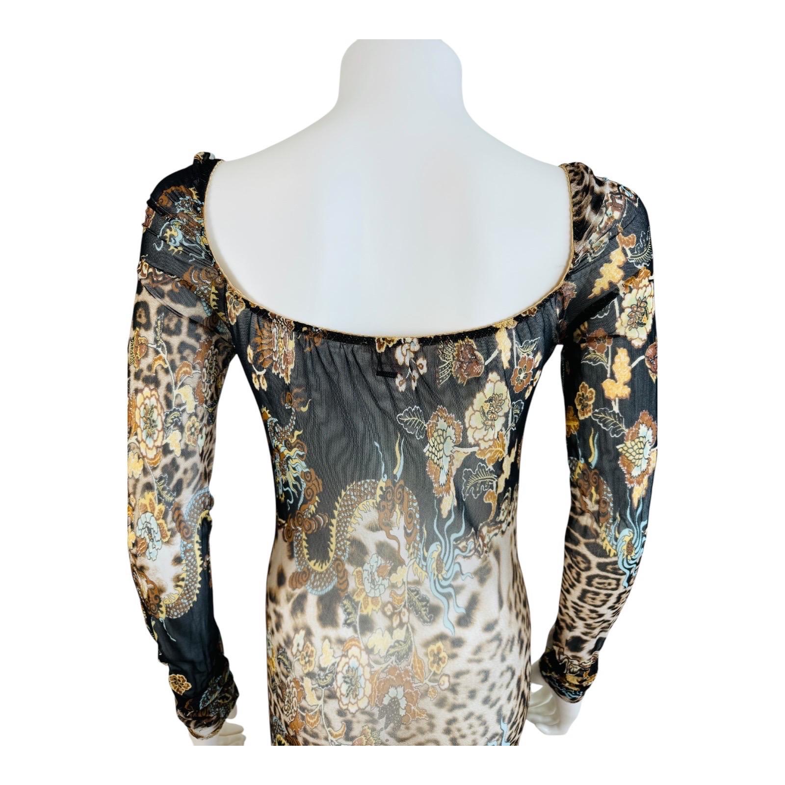 Vintage S/S 2003 Roberto Cavalli Mesh Chinoiserie Leopard Dragon Mini Dress in vendita 6