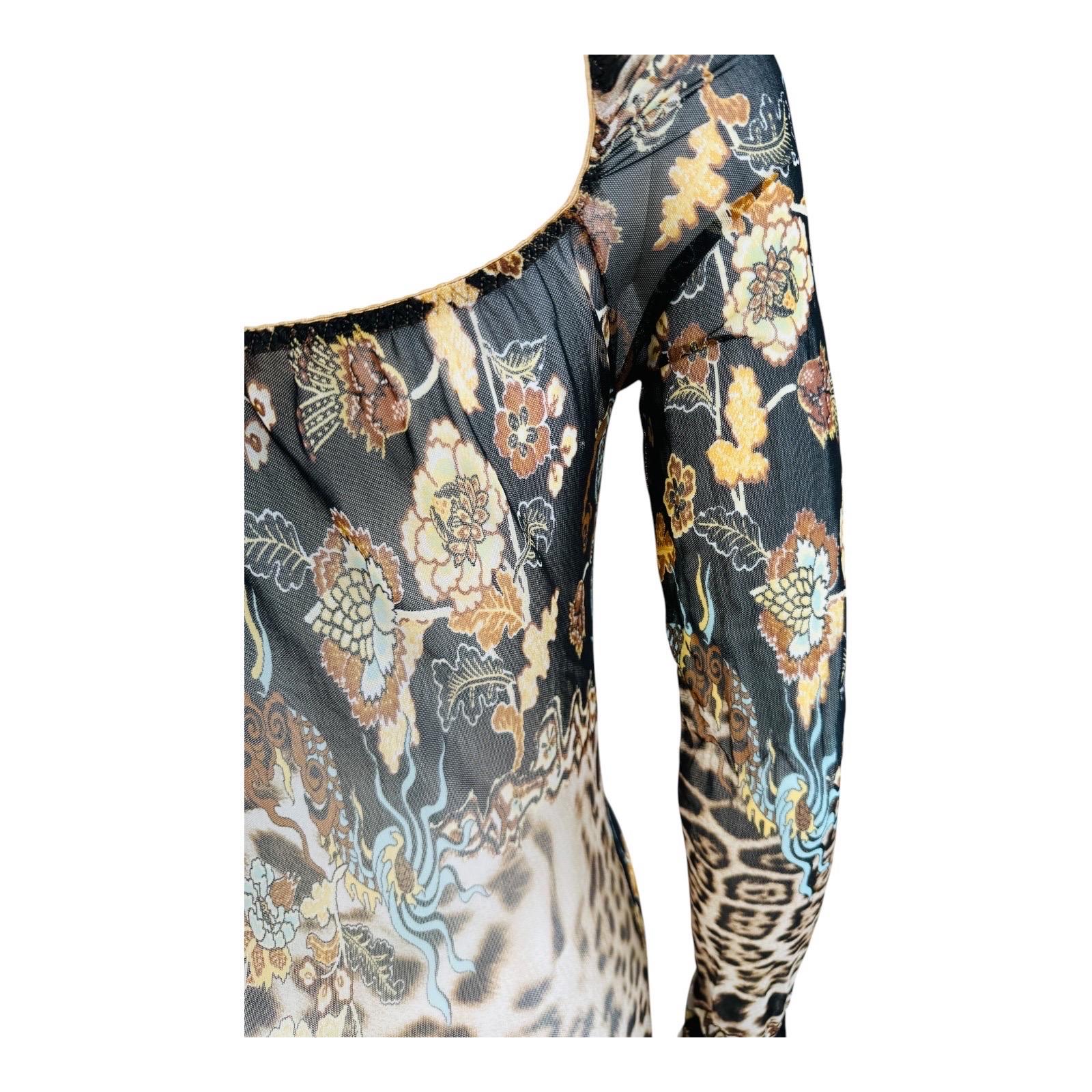 Vintage S/S 2003 Roberto Cavalli Mesh Chinoiserie Leopard Dragon Mini Dress in vendita 7
