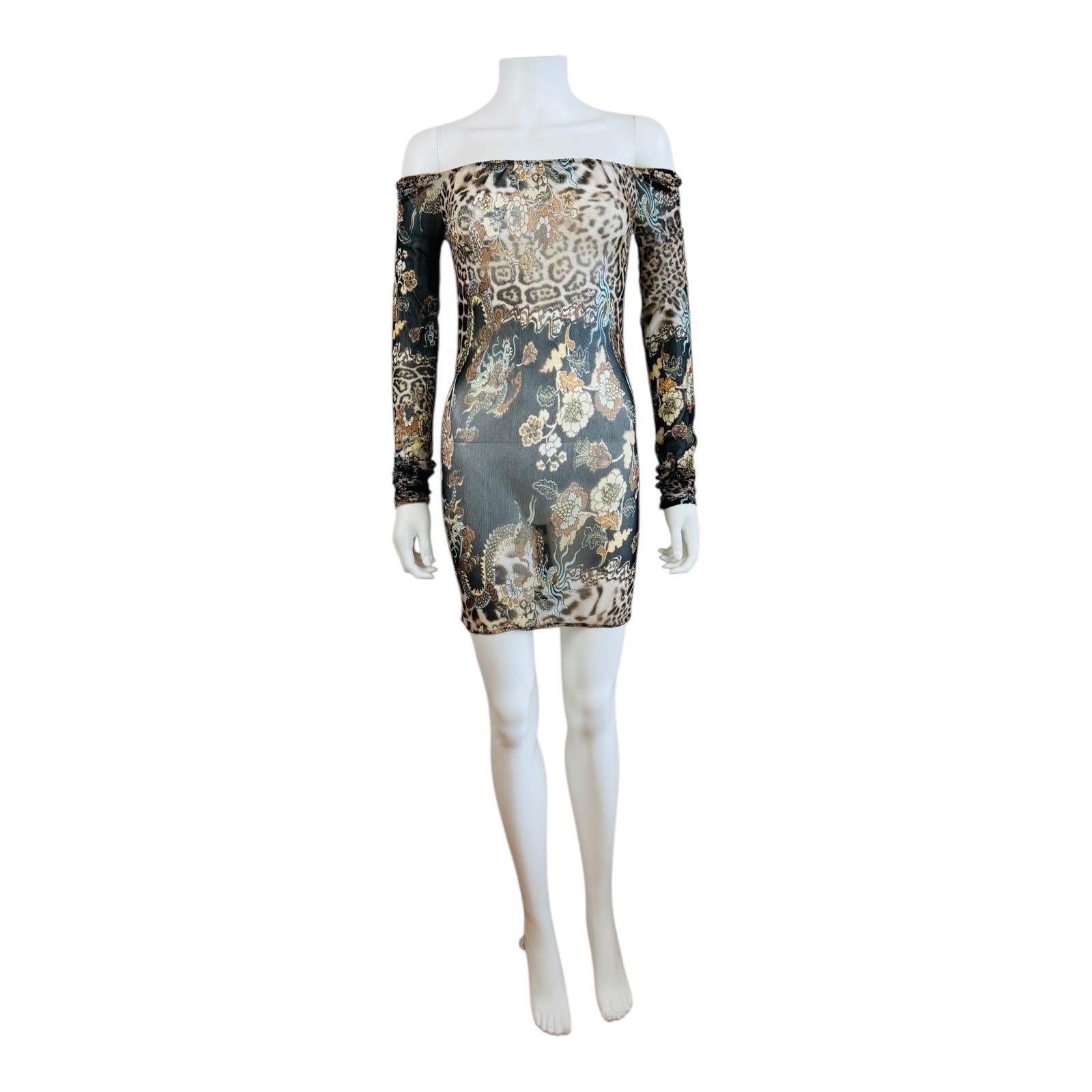 Stunning S/S 2003 Roberto Cavalli Chinoiserie collection dress
Semi sheer mesh leopard + floral + dragon print fabric
Elastic neckline
Extra long tapered sleeves
Mini length
Form fitting
Unlined
Slips on overhead

Marked 40, fits like small to