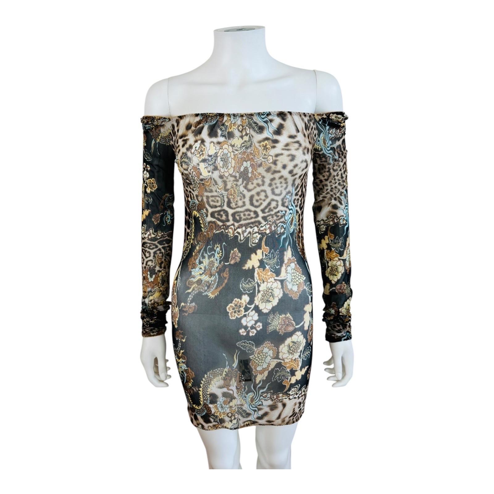 Grigio Vintage S/S 2003 Roberto Cavalli Mesh Chinoiserie Leopard Dragon Mini Dress in vendita