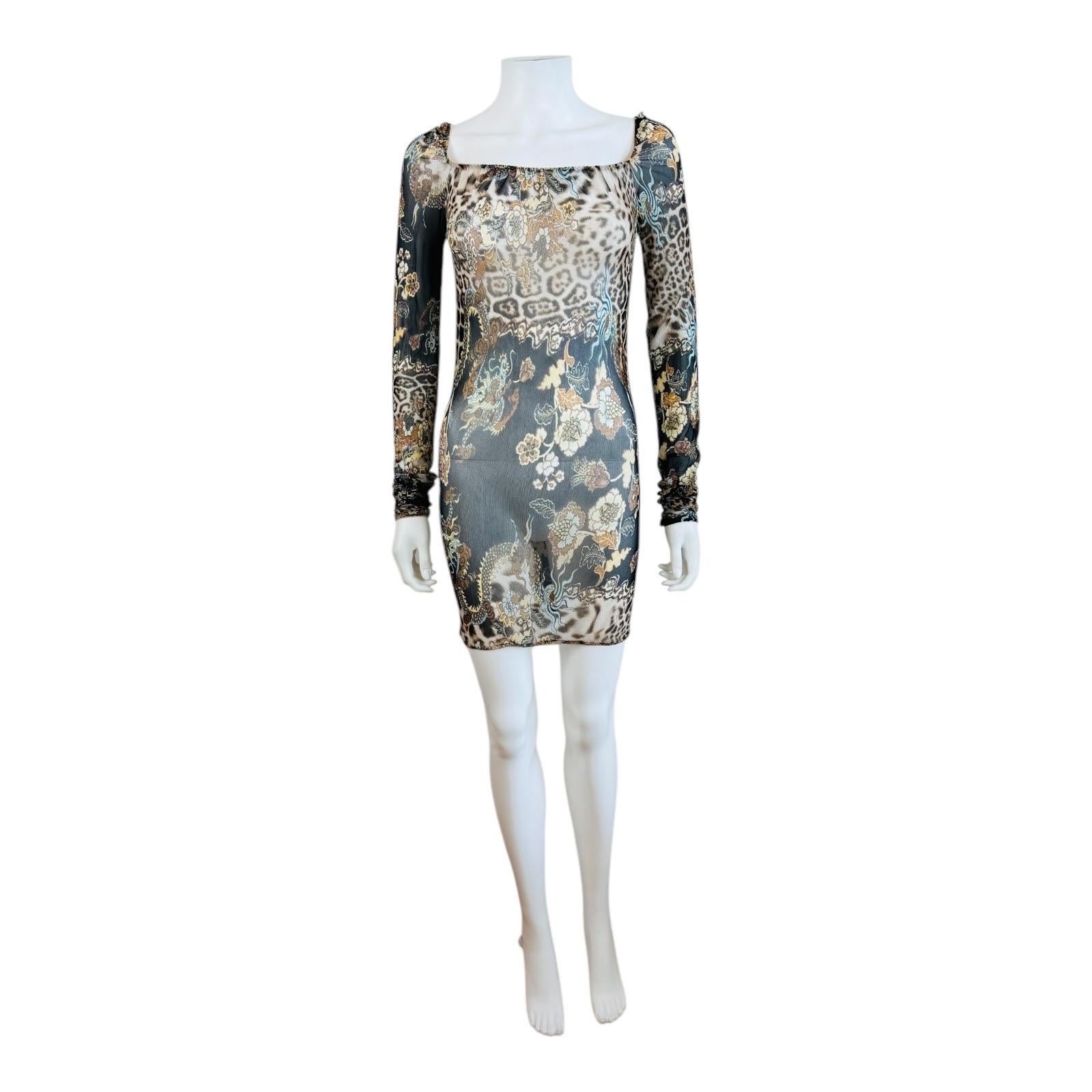 Vintage S/S 2003 Roberto Cavalli Mesh Chinoiserie Leopard Dragon Mini Dress In condizioni ottime in vendita a Denver, CO