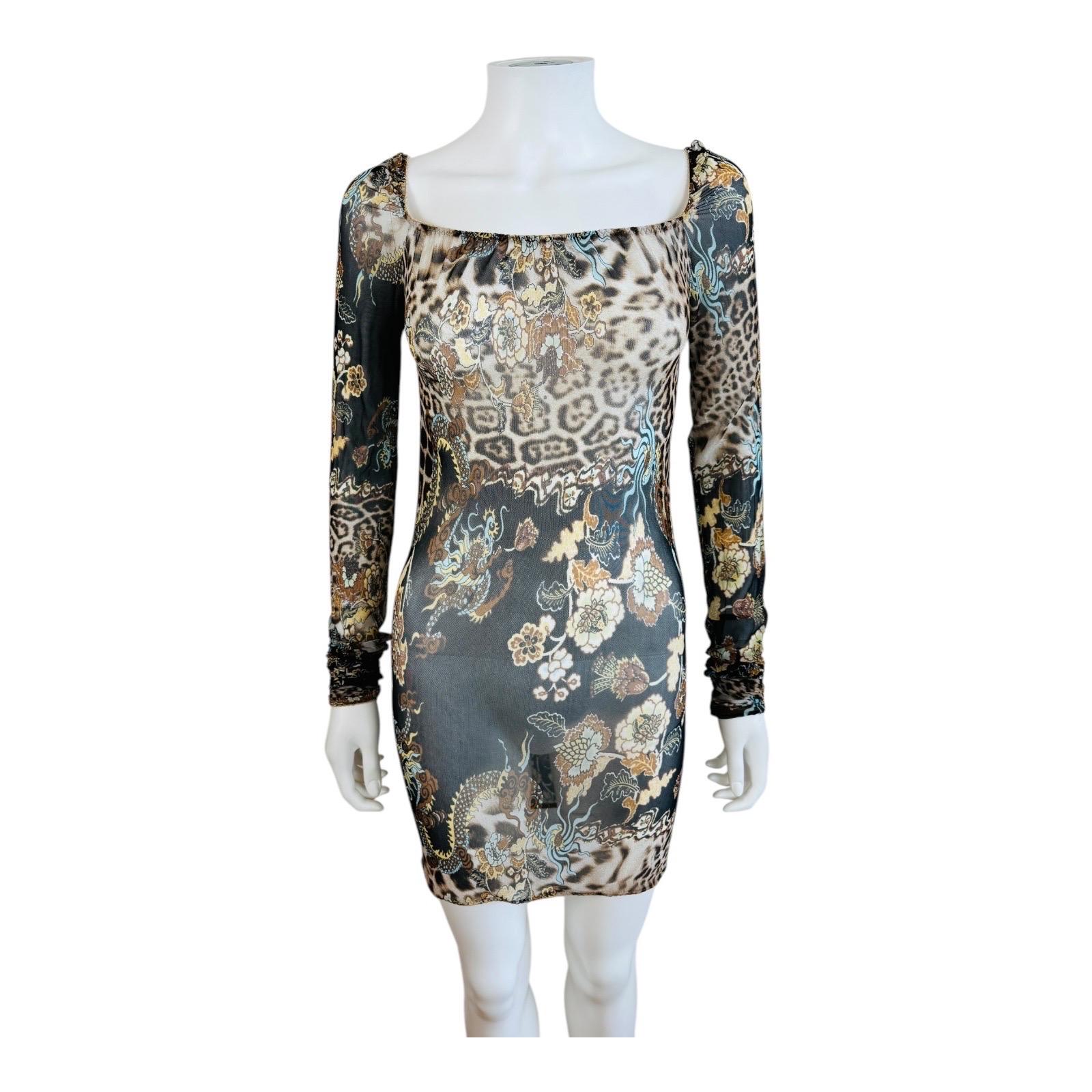 Donna Vintage S/S 2003 Roberto Cavalli Mesh Chinoiserie Leopard Dragon Mini Dress in vendita