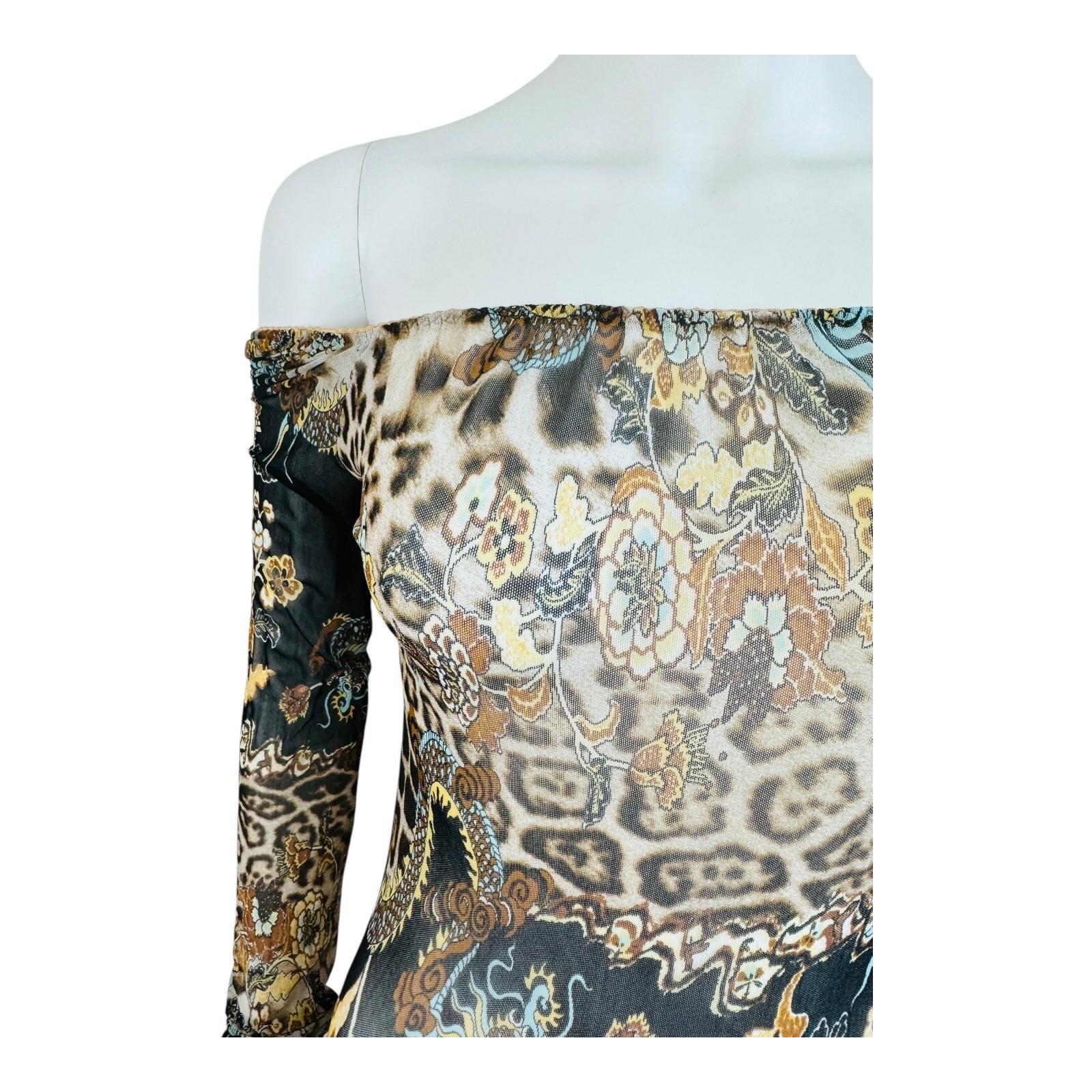 Vintage S/S 2003 Roberto Cavalli Mesh Chinoiserie Leopard Dragon Mini Dress in vendita 1