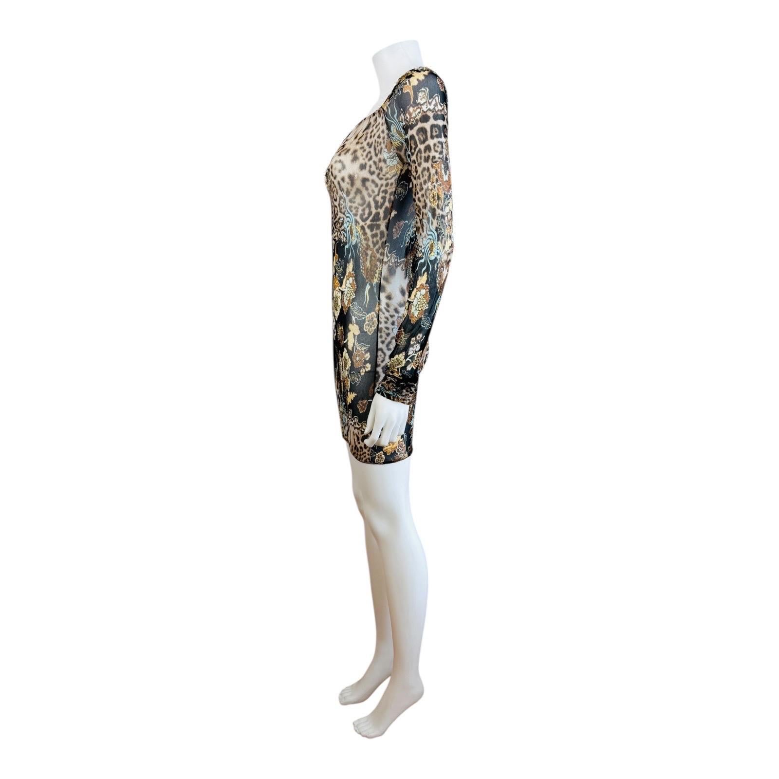 Vintage S/S 2003 Roberto Cavalli Mesh Chinoiserie Leopard Dragon Mini Dress in vendita 3