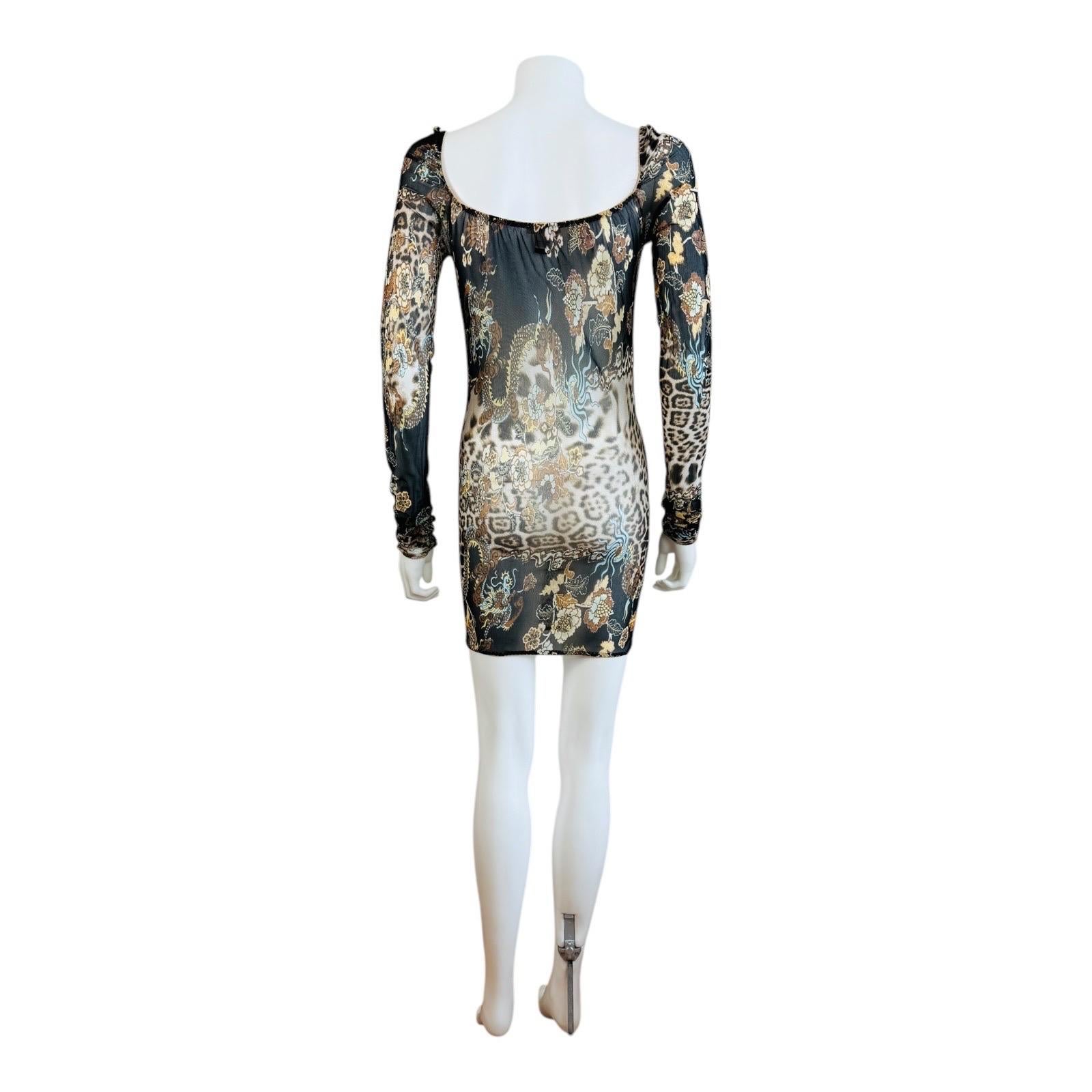 Vintage S/S 2003 Roberto Cavalli Mesh Chinoiserie Leopard Dragon Mini Dress in vendita 4