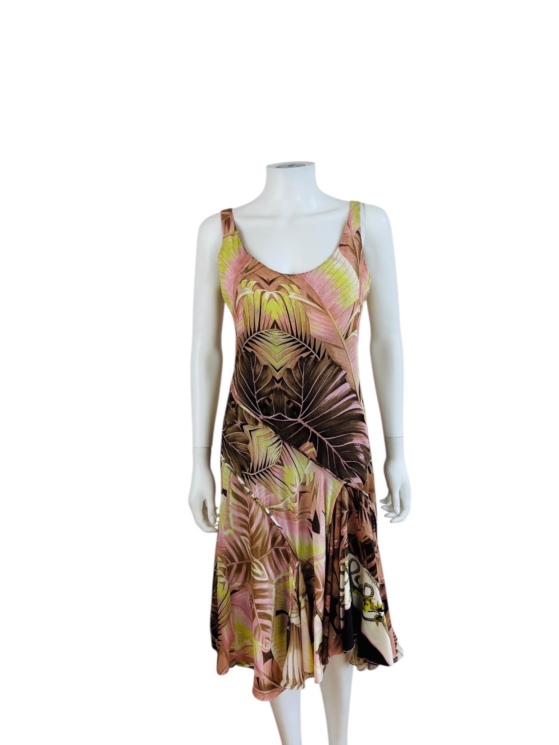Beige Vintage S/S 2003 Roberto Cavalli Palm + Orchid Print Silk Midi Slip Dress For Sale