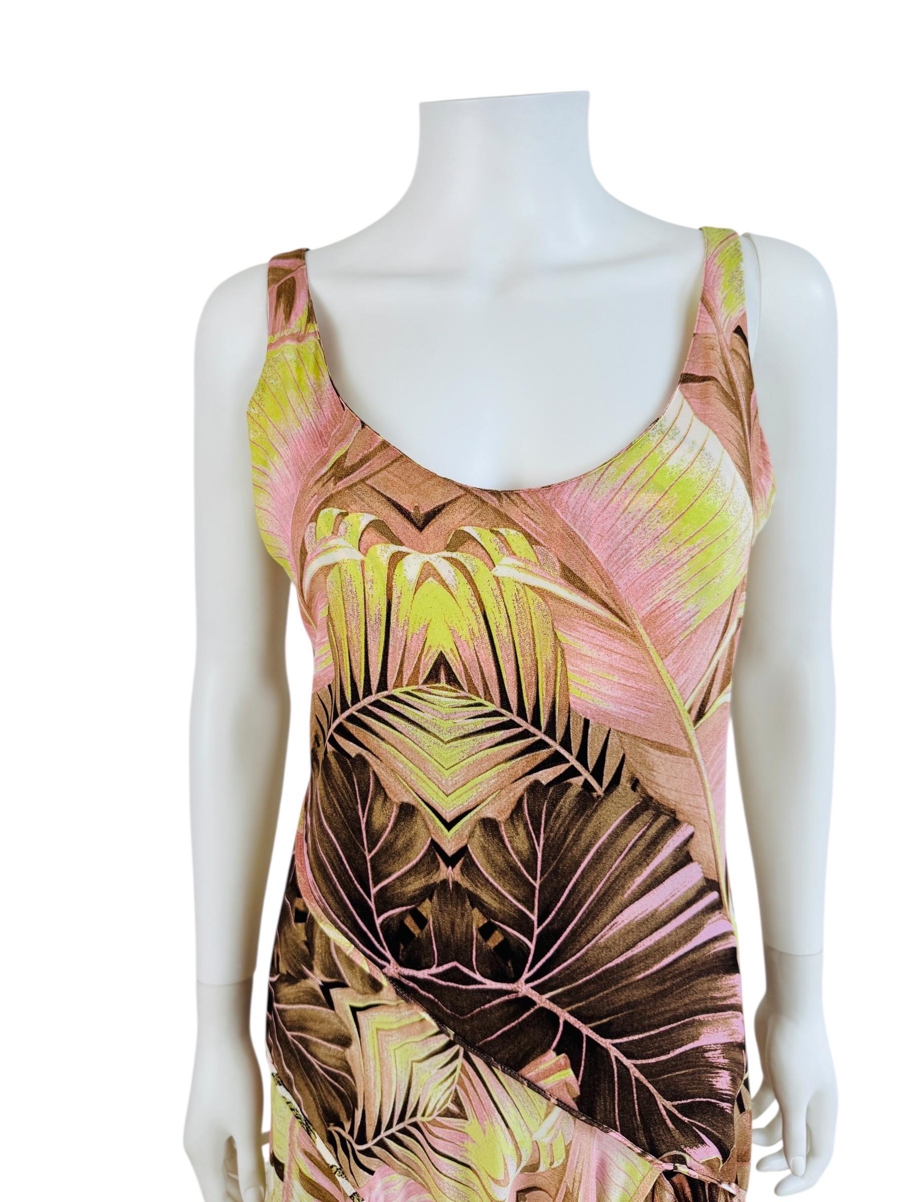 Vintage S/S 2003 Roberto Cavalli Palm + Orchid Print Silk Midi Slip Dress In Excellent Condition For Sale In Denver, CO