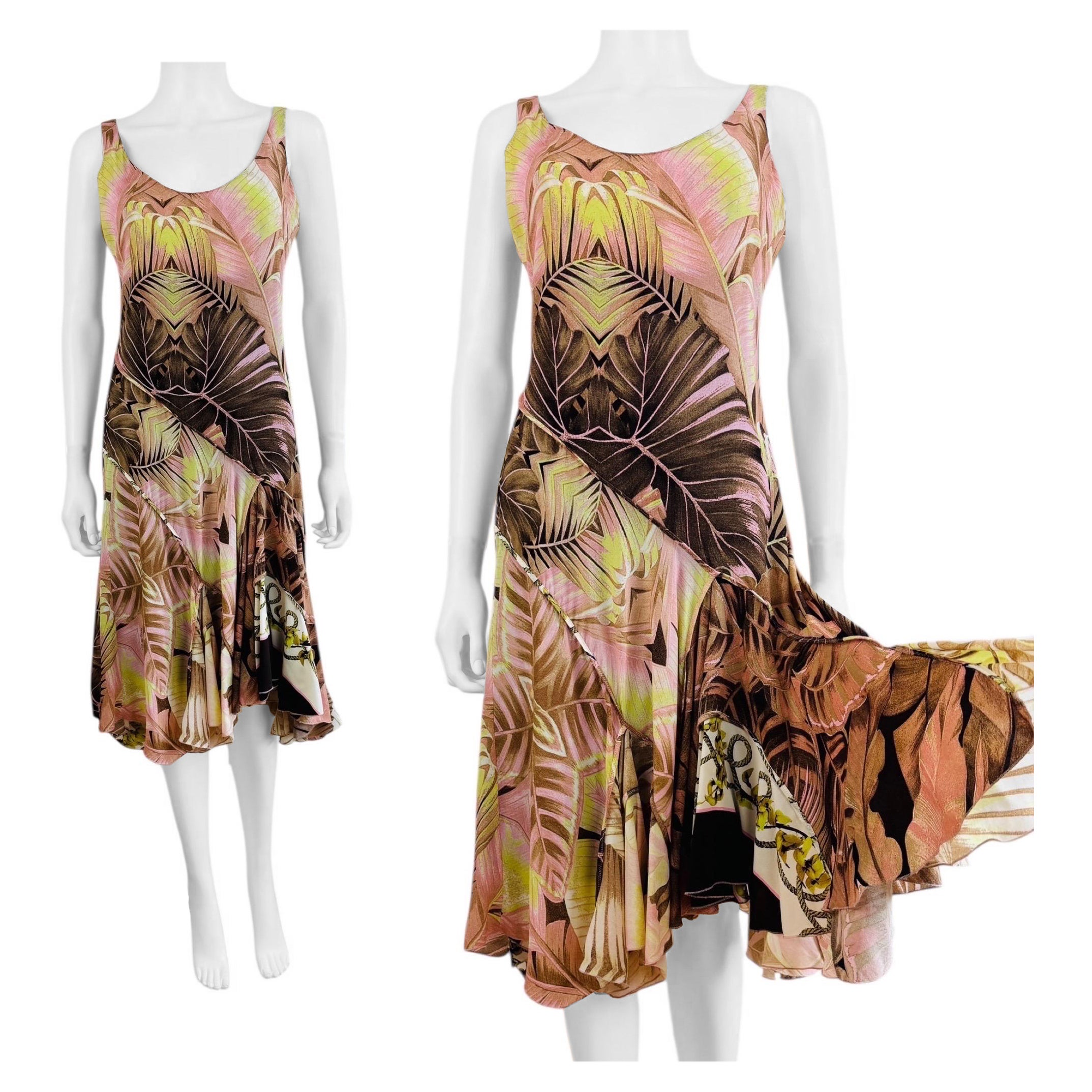 Vintage S/S 2003 Roberto Cavalli Palm + Orchid Print Silk Midi Slip Dress