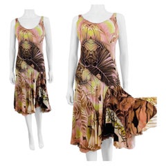 Vintage S/S 2003 Roberto Cavalli Palm + Orchid Print Silk Midi Slip Dress