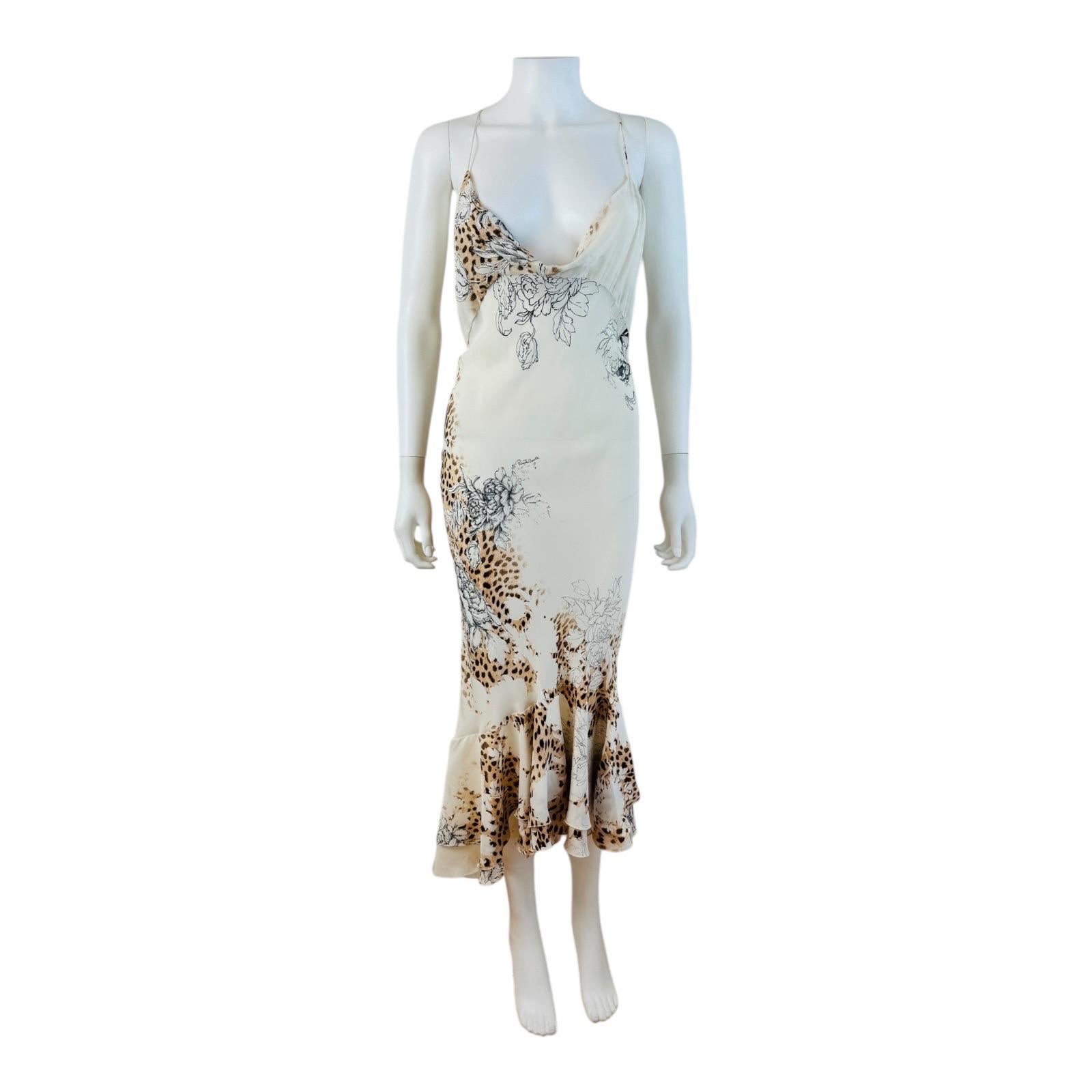 Gray Vintage S/S 2003 Roberto Cavalli Roses + Cheetah Leopard Animal Print Midi Dress For Sale