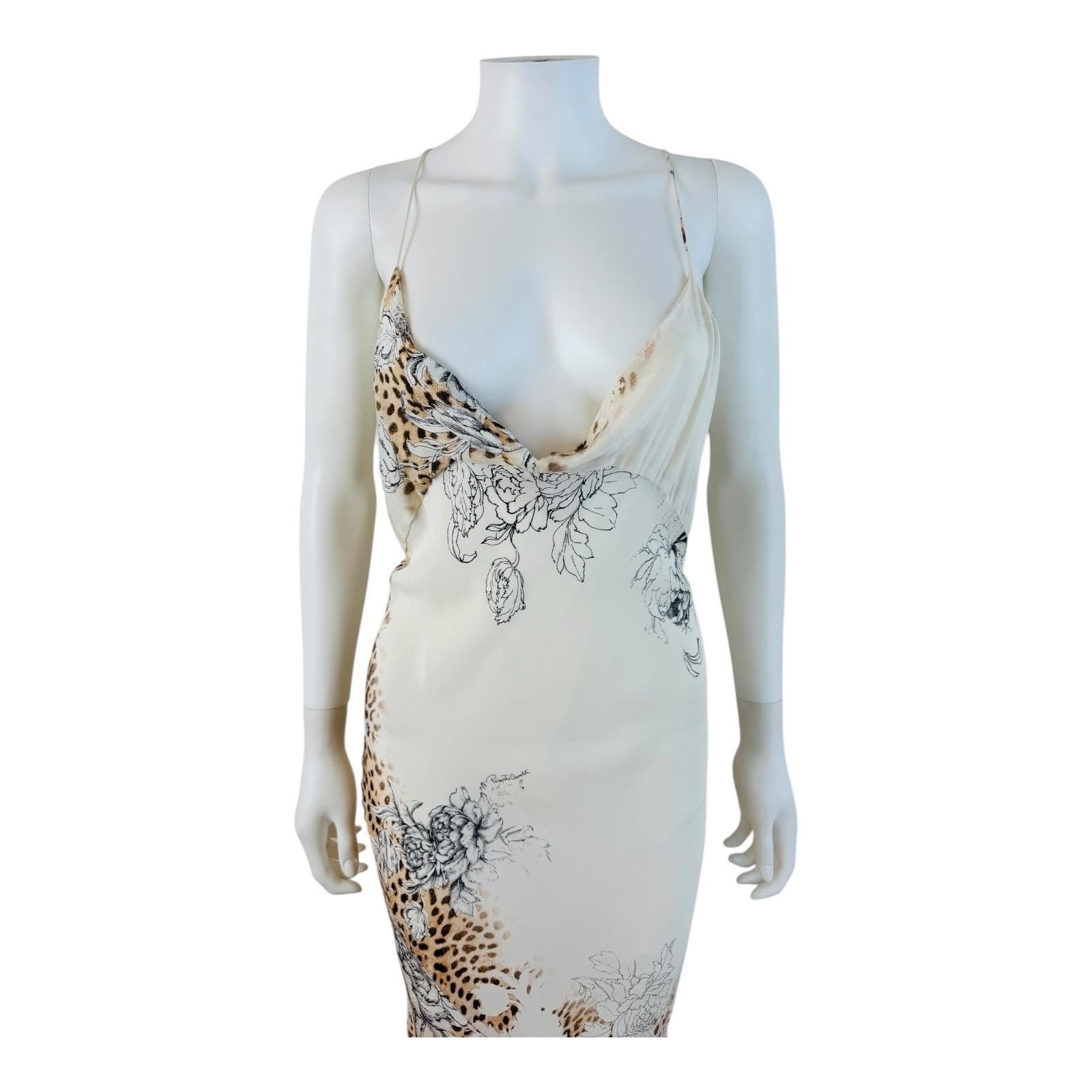 Vintage S/S 2003 Roberto Cavalli Roses + Cheetah Leopard Animal Print Midi Dress In Excellent Condition For Sale In Denver, CO